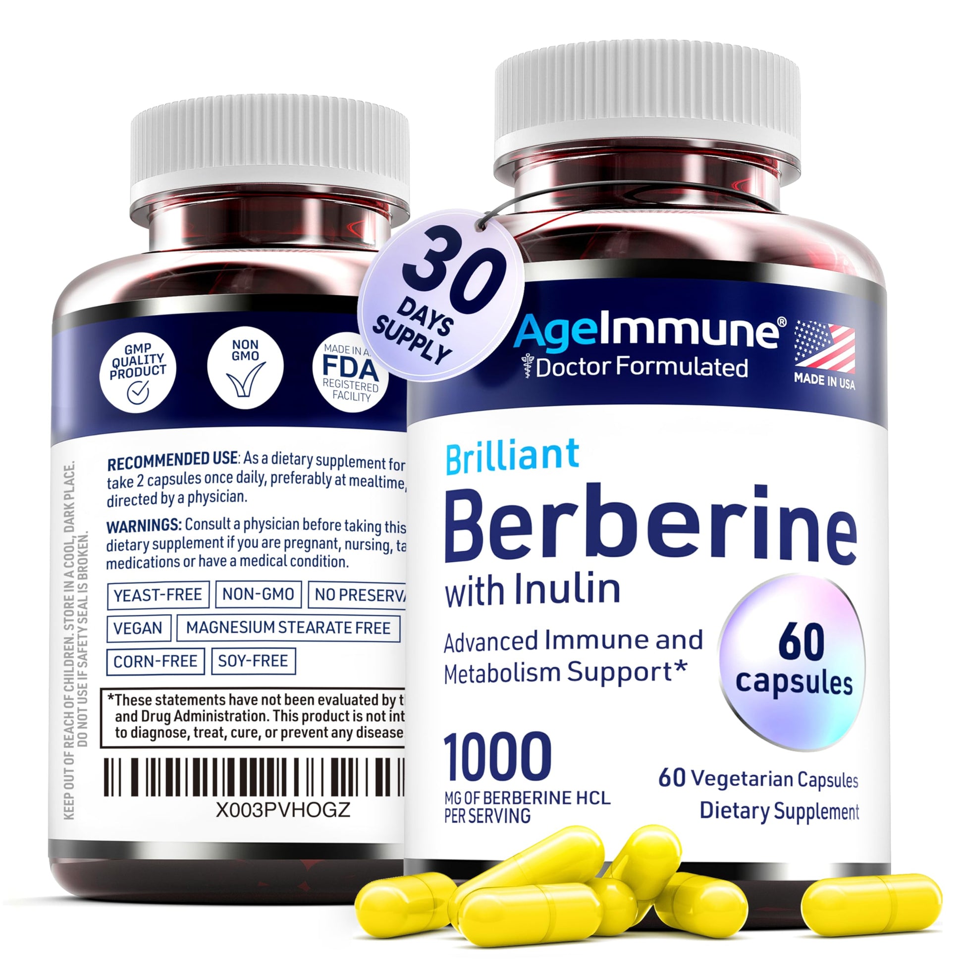 AgeImmune Berberine 1000mg Supplement Complex with Inulin Prebiotic - Each Capsule Contains Berberine 500mg - Doctor Formulated Supplements for High Absorption. - Medaid International