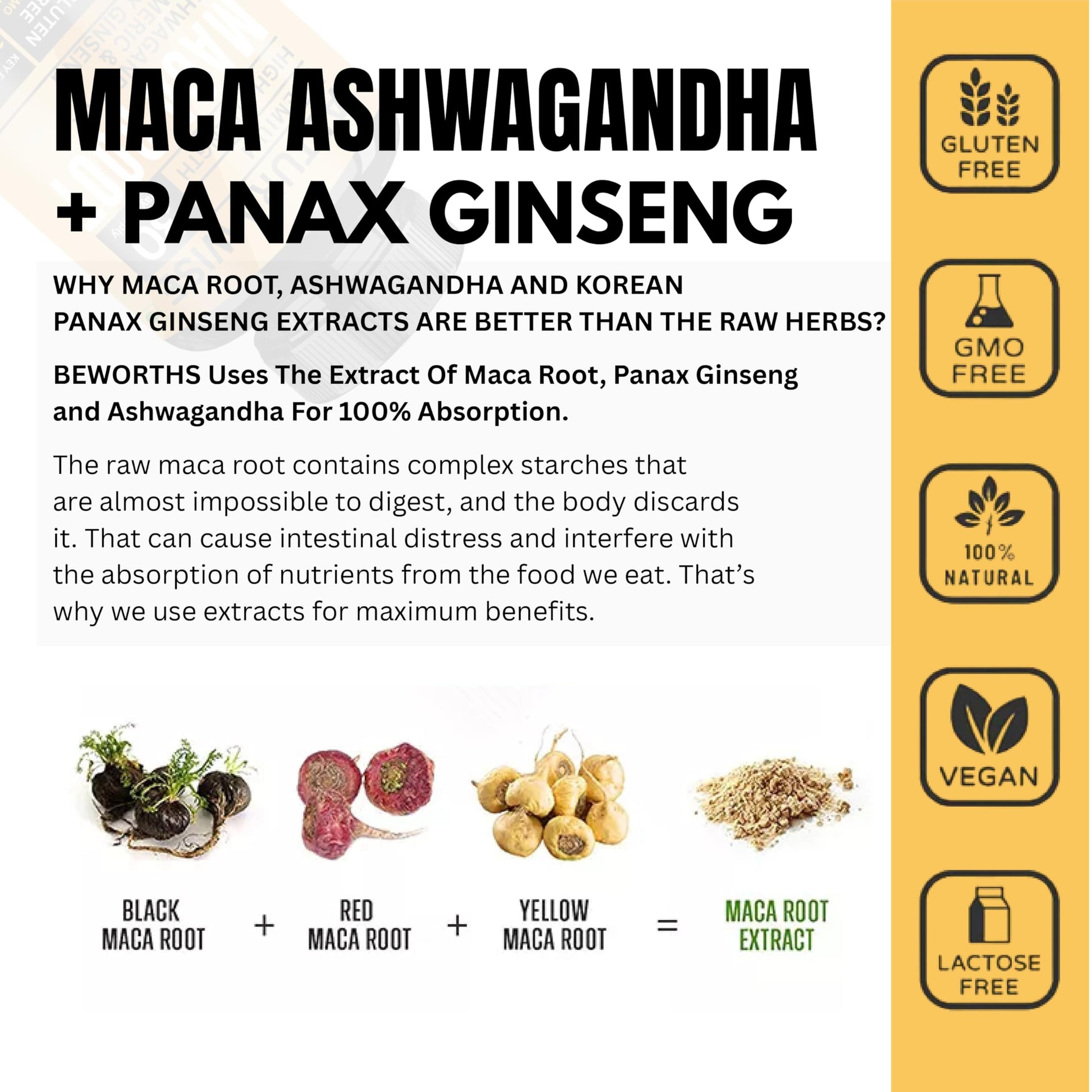 AlturaWise 5 in 1 Pure Maca Root Capsules for Men and Women | Maca Root Powder Capsules with Black + Red + Yellow Maca Root with ashwagandha, panax Ginseng Extract Supplement - 90 Vegan Pills - Medaid International