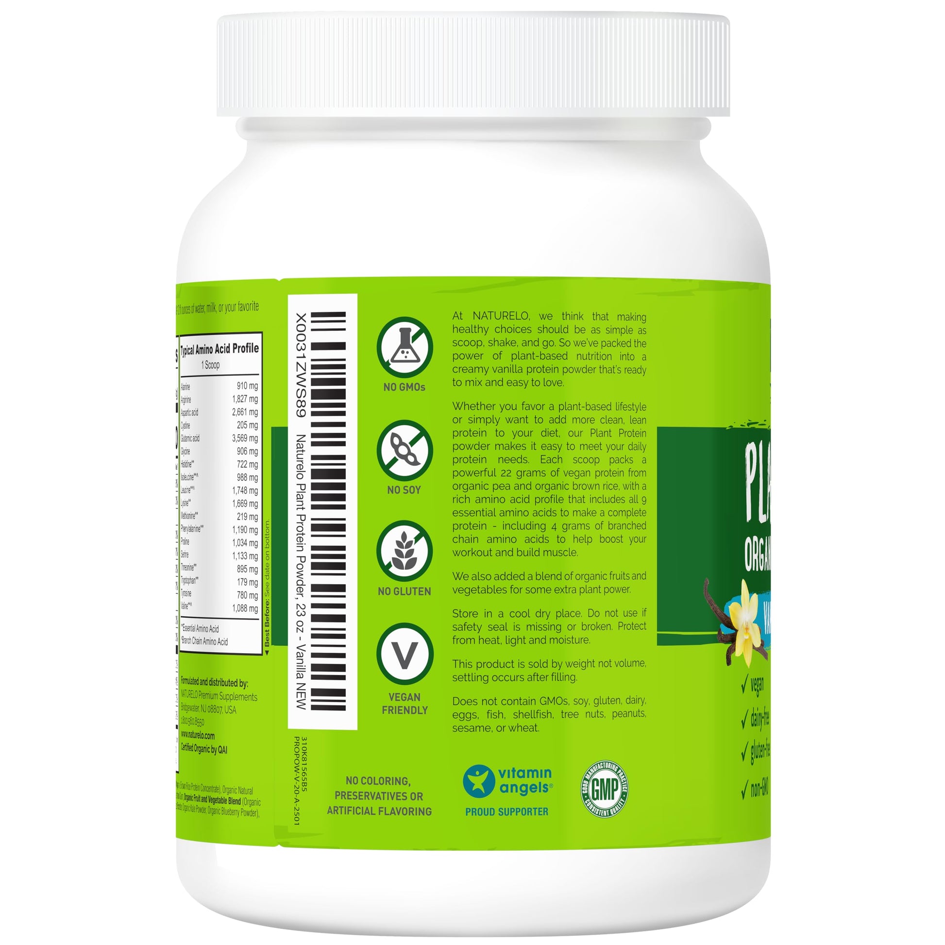 NATURELO Plant Protein Powder, Vanilla, 22g Protein - Non-GMO, Vegan, No Gluten, Dairy, or Soy - No Artificial Flavors, Synthetic Coloring, Preservatives, or Additives - 20 Servings - Medaid International