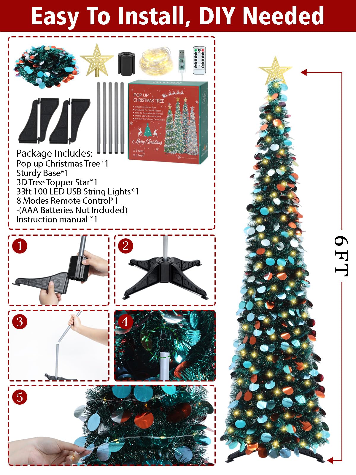 HMASYO 6 FT Pop Up Christmas Tree with 100 LED Lights & Remote, Green Christmas Tinsel Tree, Collapsible Artificial Pencil Tree for Home Office Party Decor, USB Powered Timer Lights, Easy Assembly - Medaid International