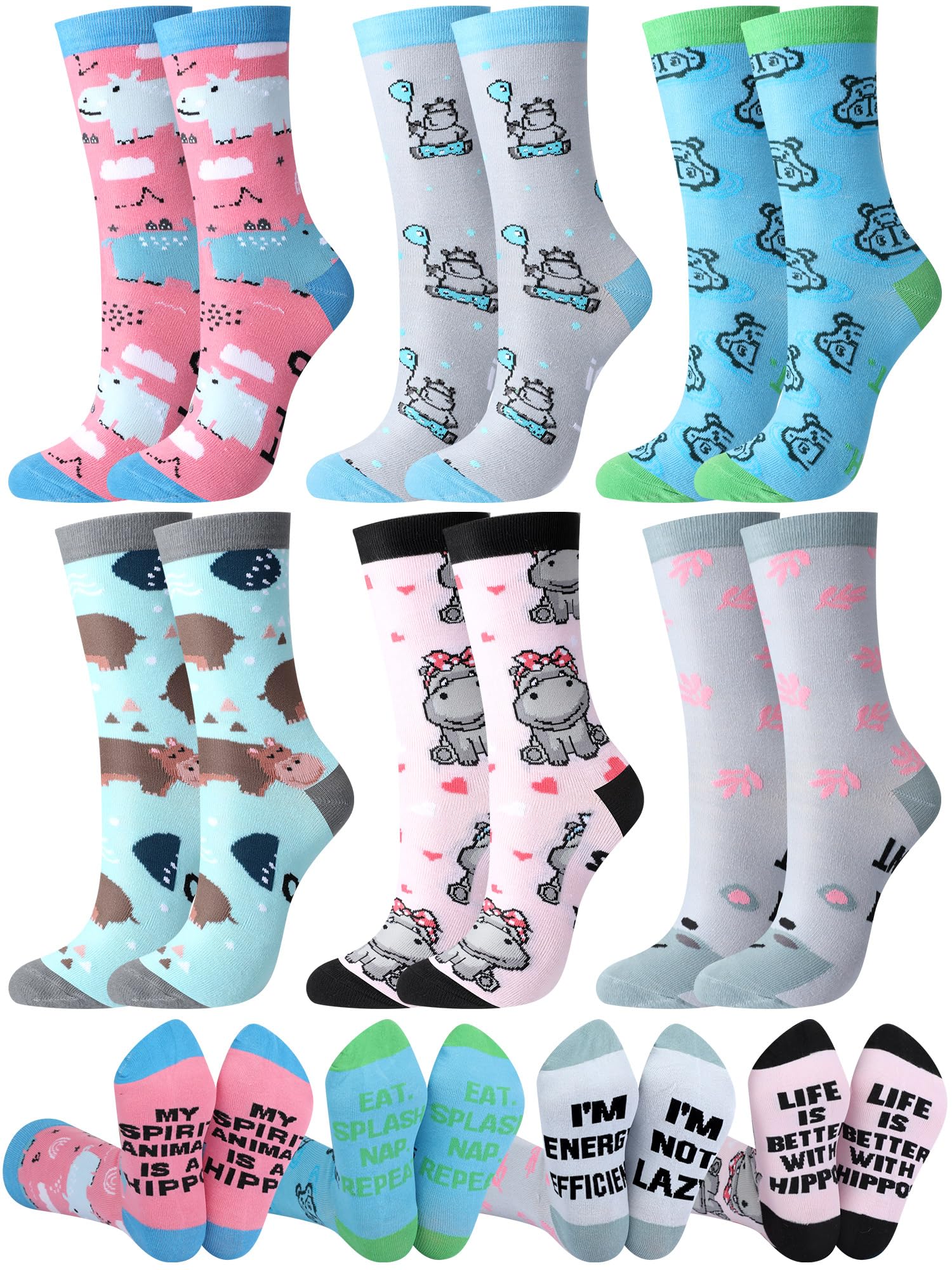 Shyyween 6 Pairs Funny Hippo Lover Gift for Women Men Novelty Animal Themed Cotton Crew Socks Xmas Stuffers Holiday Gift for Hippo Lover - Medaid International