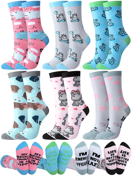 Shyyween 6 Pairs Funny Hippo Lover Gift for Women Men Novelty Animal Themed Cotton Crew Socks Xmas Stuffers Holiday Gift for Hippo Lover - Medaid International