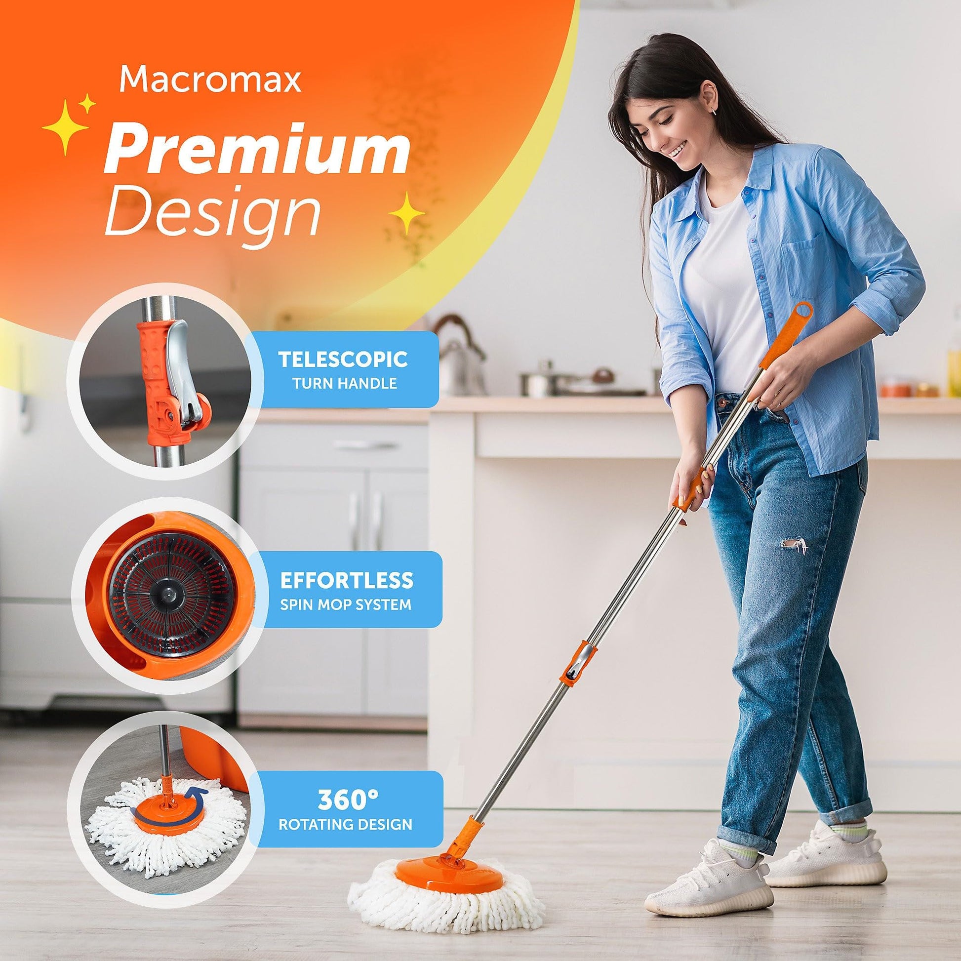 Macromax Faster Spin Mop and Bucket Set – 360° Rotating Microfiber Mop with Smart Drying System – Multi-Surface Floor Cleaning Tool - Medaid International
