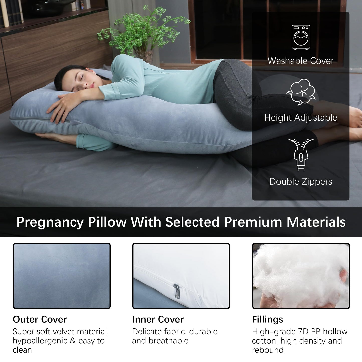 MOON PARK Pregnancy Pillows for Sleeping - U Shaped Full Body Maternity Pillow with Removable Cover - Support for Back, Legs, Belly, HIPS - 57 Inch Pregnancy Pillow for Women - Grey - Medaid International