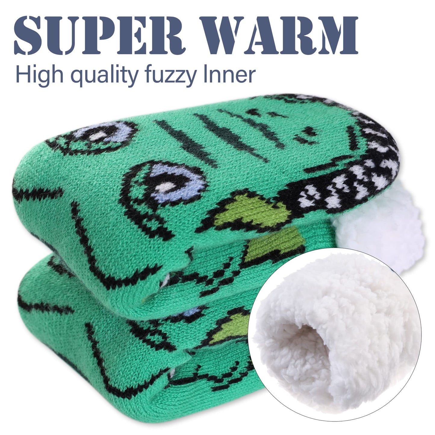 LINEMIN Mens Warm Slipper Socks Soft Cozy Fuzzy Fleece-Lined Winter Non Slip Indoor Christmas Socks (Dinosaur Green) - Medaid International