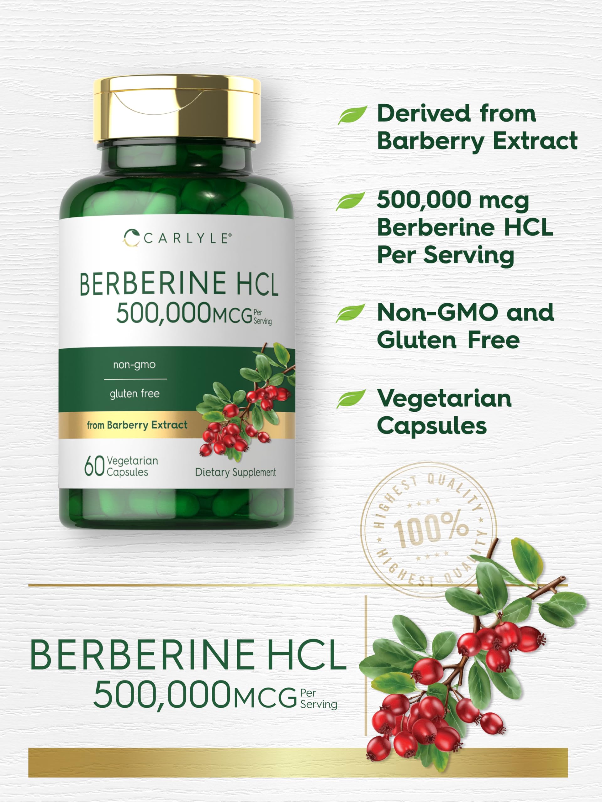 Carlyle Berberine HCL Supplement | 500,000mcg | 60 Capsules | Vegetarian, Non-GMO, Gluten Free - Medaid International