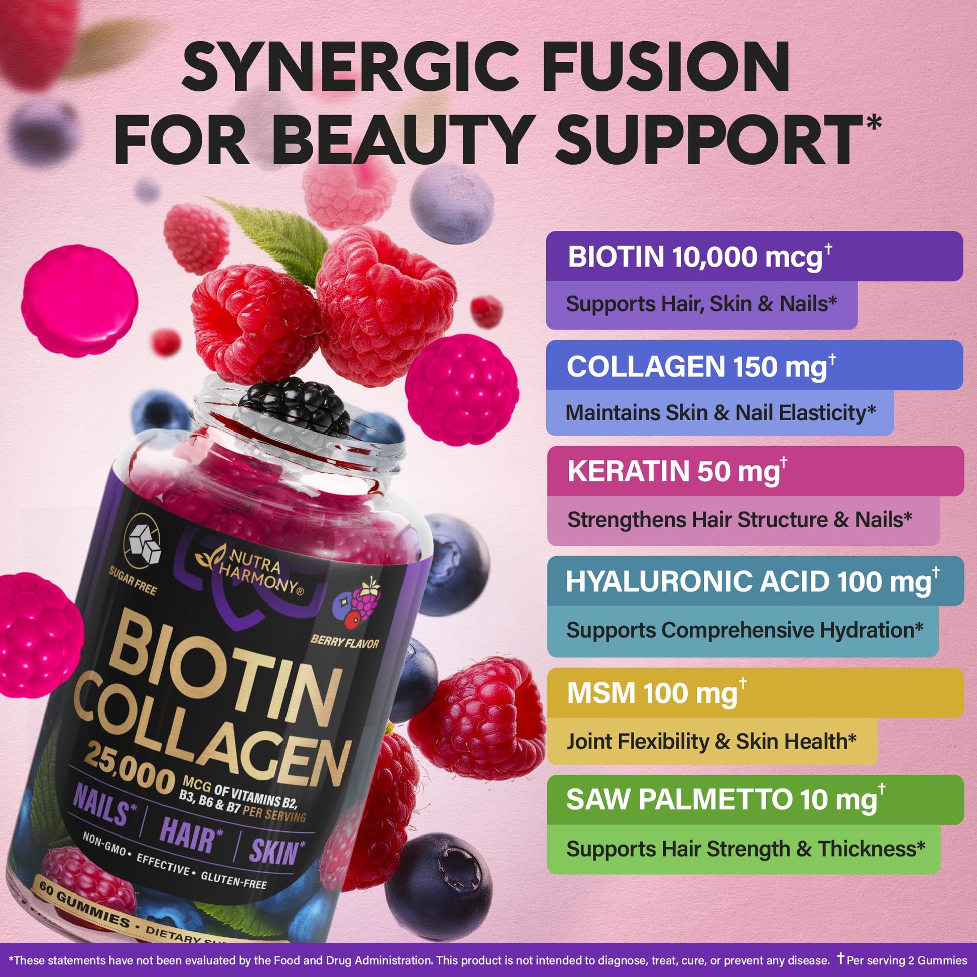 Biotin Gummies with Collagen - Hair Growth Support Skin, & Nail Strength - for Women & Men - Biotin 10000mcg | Keratin | Hyaluronic Acid | B-Complex | Saw Palmetto - Sugar-Free, Mixed Berry - 60 Gummy - Medaid International