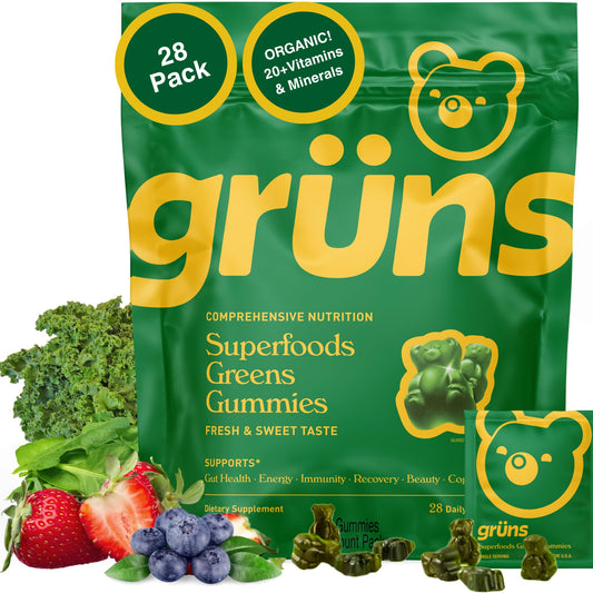 Gruns Adults Super Greens Gummies, Multivitamin Superfood Gummy Bears with Spirulina, Chlorella, Prebiotics & Fiber for Digestive Health, Adaptogens Supplement with 20 Vitamins & Minerals, 28 Count - Medaid International