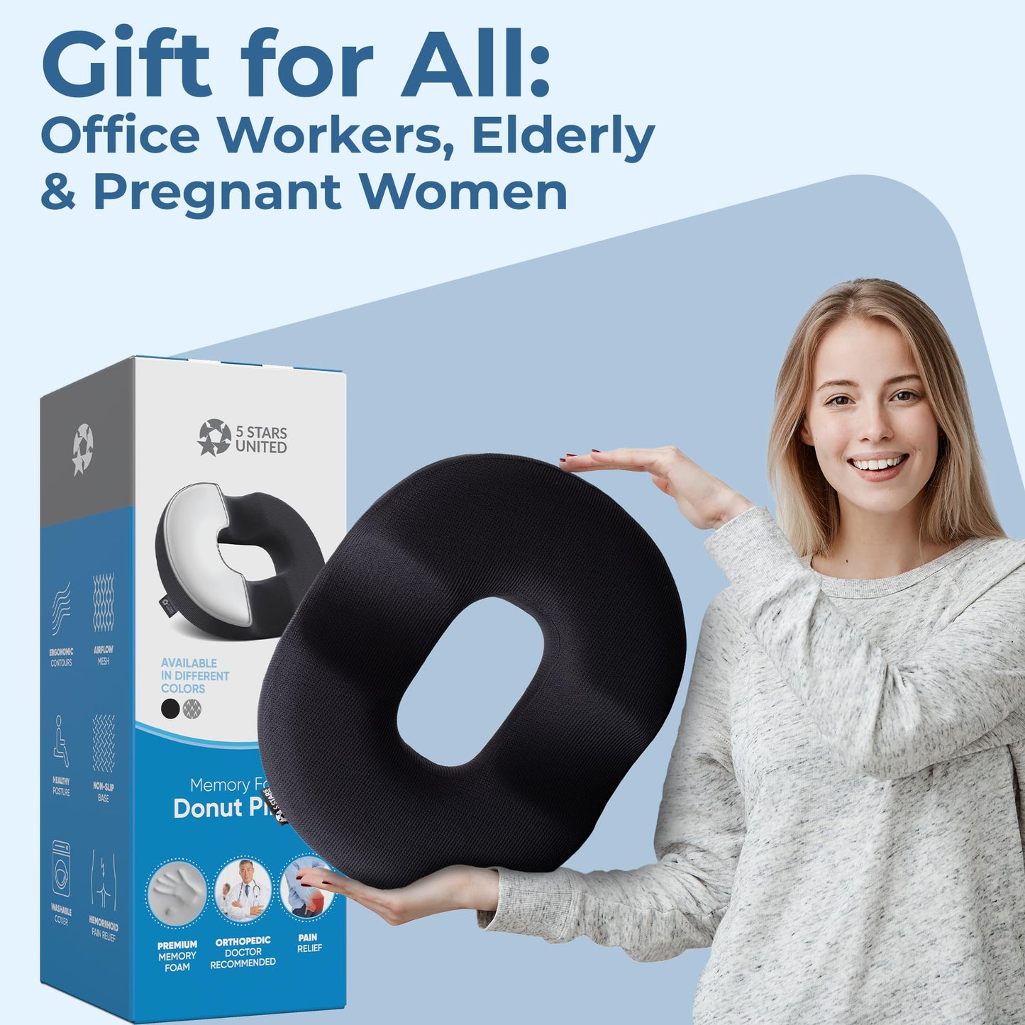 5 STARS UNITED Donut Pillow Hemorrhoid Tailbone Cushion – Large Cushion for Pain Relief – Coccyx, Prostate, Sciatica, Pelvic Floor, Pressure Sores, Pregnancy, Postpartum Recovery, Black - Medaid International