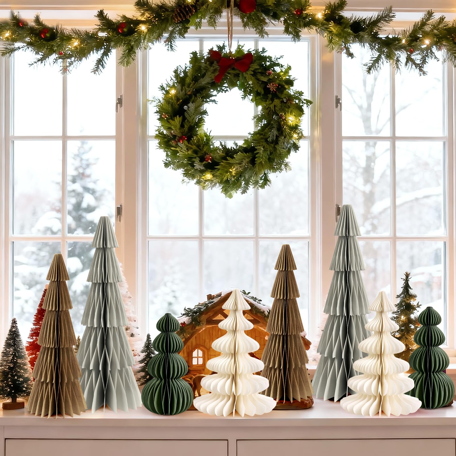 8PCS Paper Christmas Tree, Neutral Christmas Honeycomb Centerpieces, 3D Minimalist Paper Trees Table Decorations for Home Xmas Holiday Party Decor(Gray, Brown, White, Green) - Medaid International
