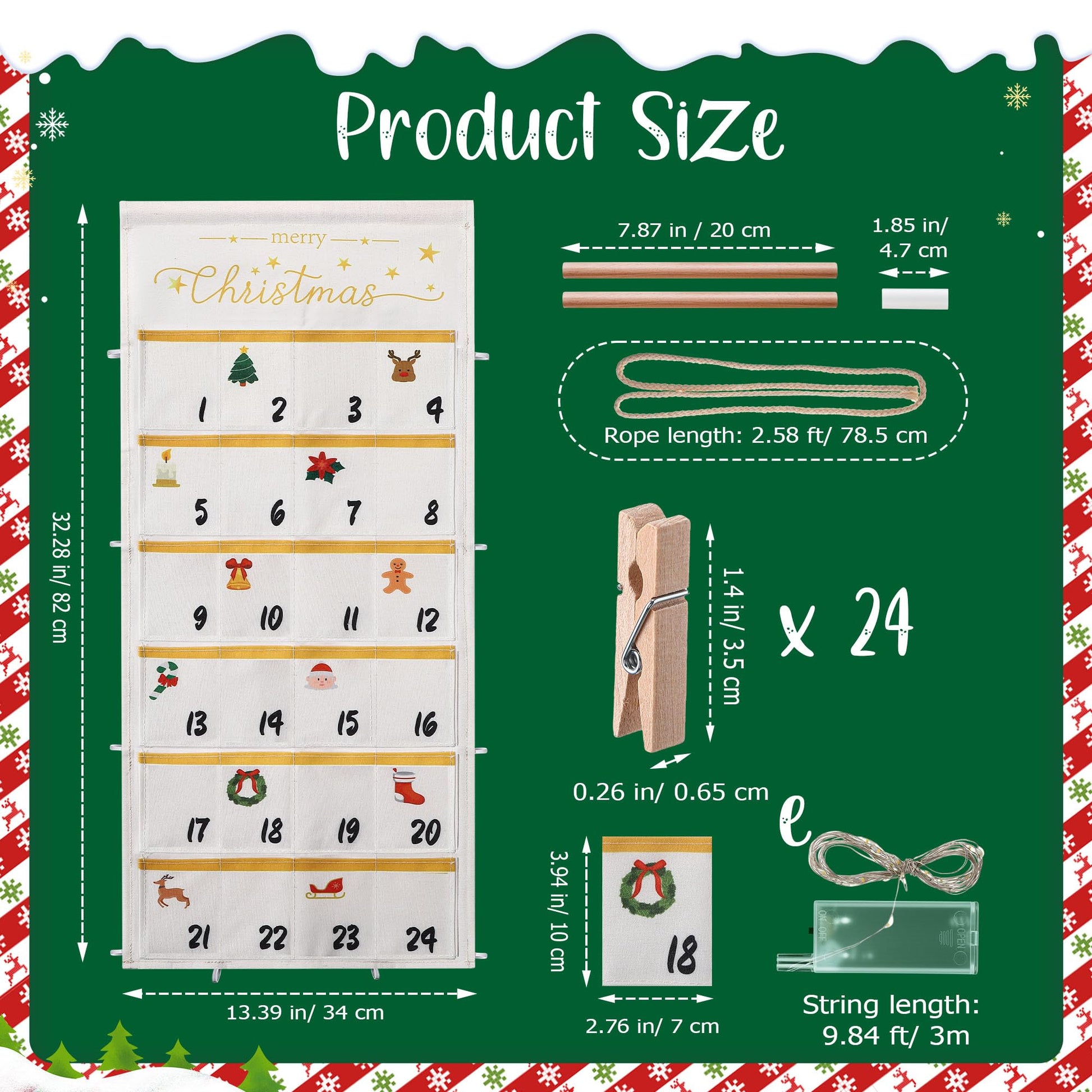 ElectricWise Christmas Picture Countdown Board, Photo Advent Calendar with Wood Clips, Photo Display Collage Board with Pockets, Reusable Festival Memory Countdown (32.3 In) - Medaid International