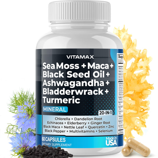 Sea Moss Maca Black Seed Oil Ashwagandha Bladderwrack Turmeric - Manuka Honey, Elderberry, Vitamin C & D3, Dandelion & Black Pepper - Non-GMO - Vegan - Made in USA - 60ct - Medaid International