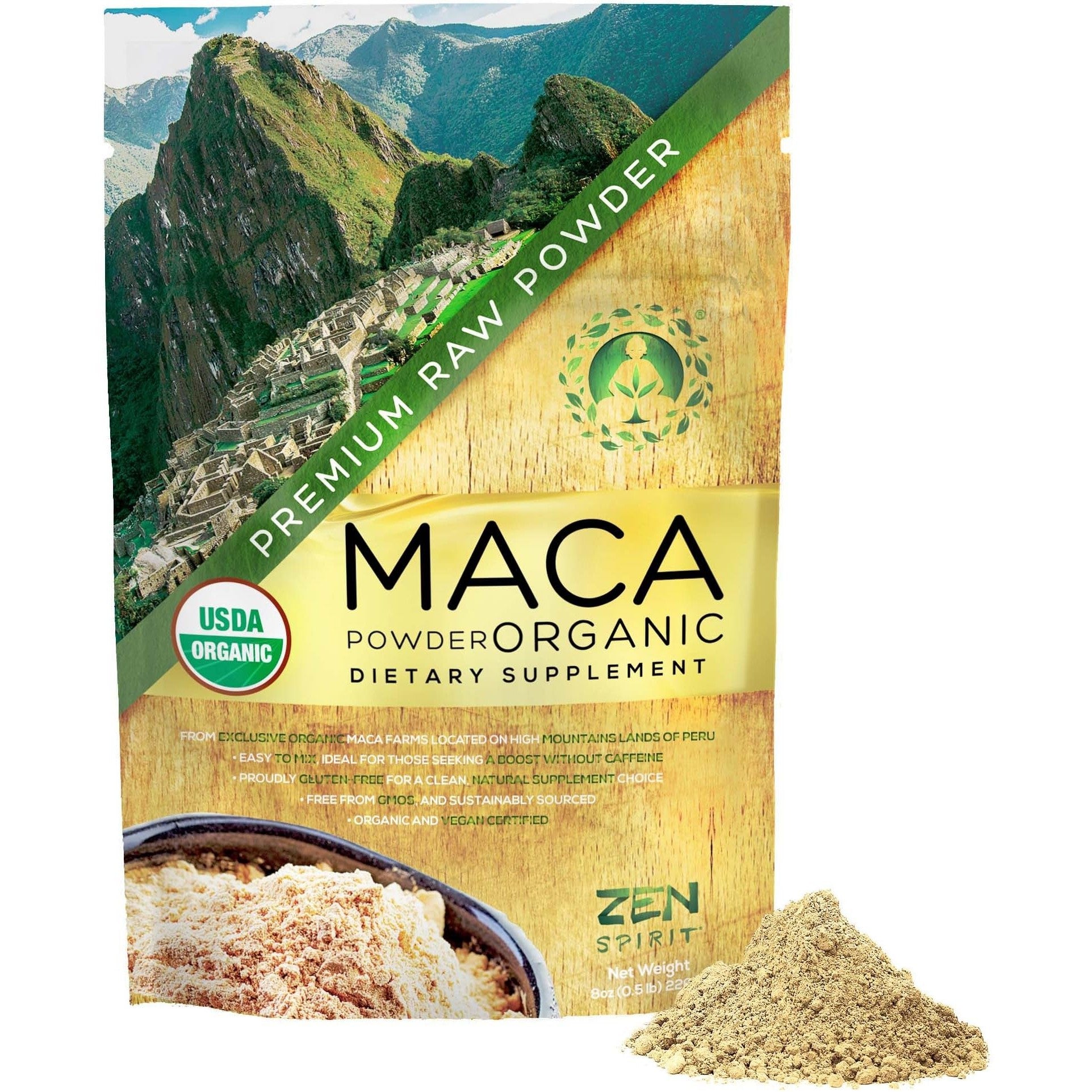 Zen Spirit Maca Root Powder Organic - Peruvian Root Premium Grade Superfood (Raw) - USDA & Vegan Certified - 1 Bag (8oz) - Perfect for Breakfast, Smoothies, Baking & Ice Cream. - Medaid International