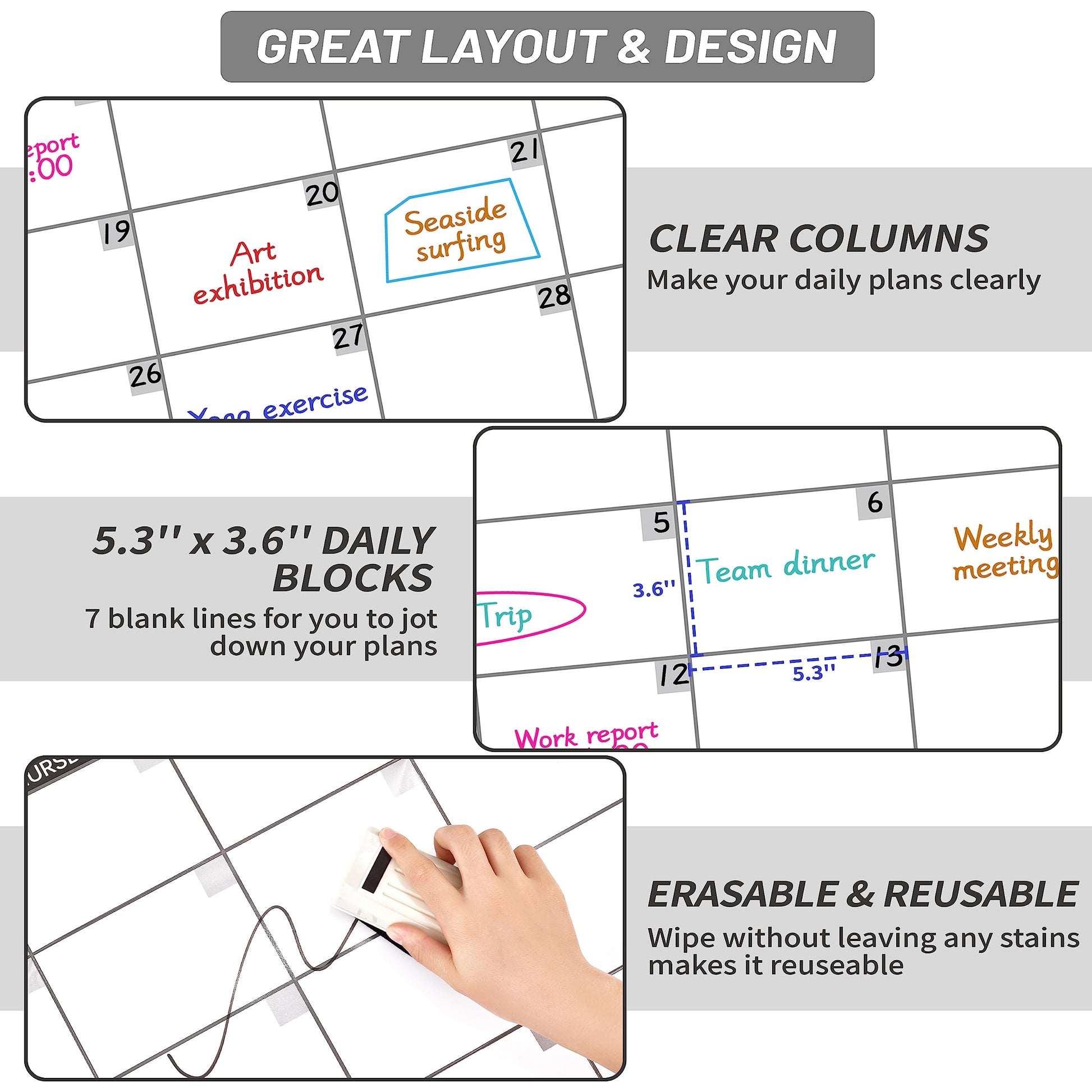Large Dry Erase Calendar for Wall, Undated 1 Month Wall Calendar, 40" x 28" Erasable & Reusable Laminated Calendar, 10 Round Stickers, Great Layout Wall Calendar Monthly for Home Office School - Medaid International