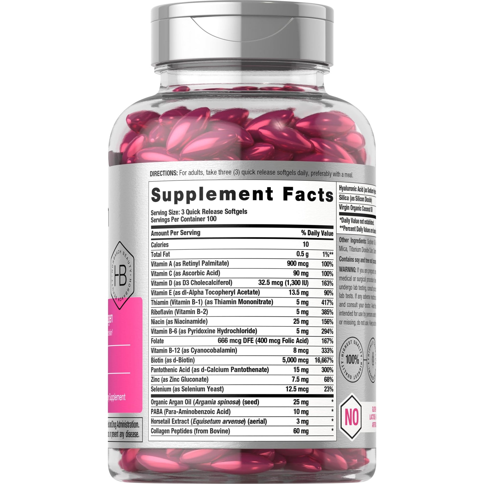 Horbäach Hair Skin and Nails Vitamins | 300 Softgels | with Biotin and Collagen | Infused with Argan Oil and Coconut Oil | Non-GMO, Gluten Free Supplement - Medaid International