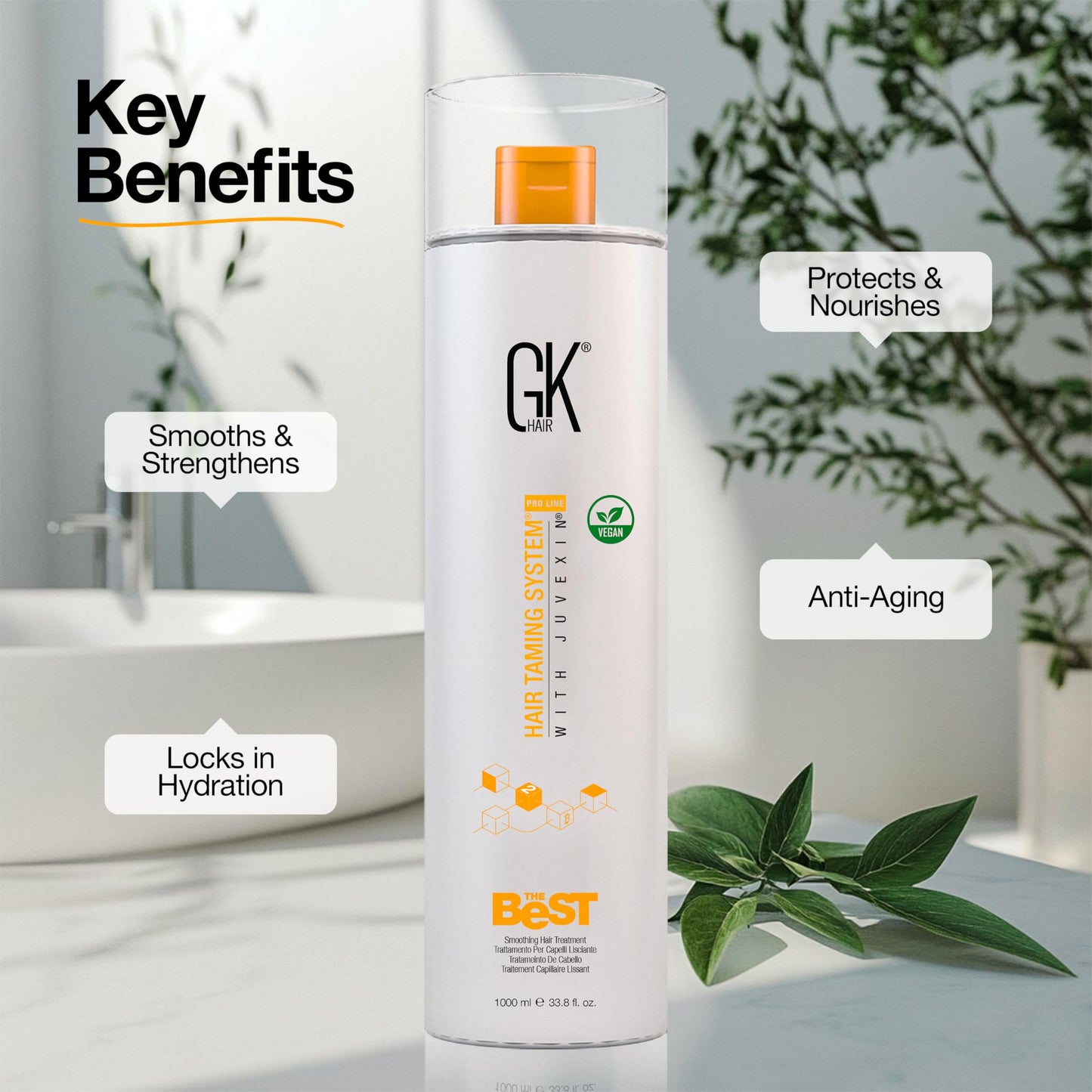 GK HAIR Global Keratin The Best (33.8 Fl Oz/1000ml) Smoothing Keratin Hair Treatment - Professional Brazilian Complex Blowout Straightening For Silky Smooth & Frizz Free Hair - Medaid International