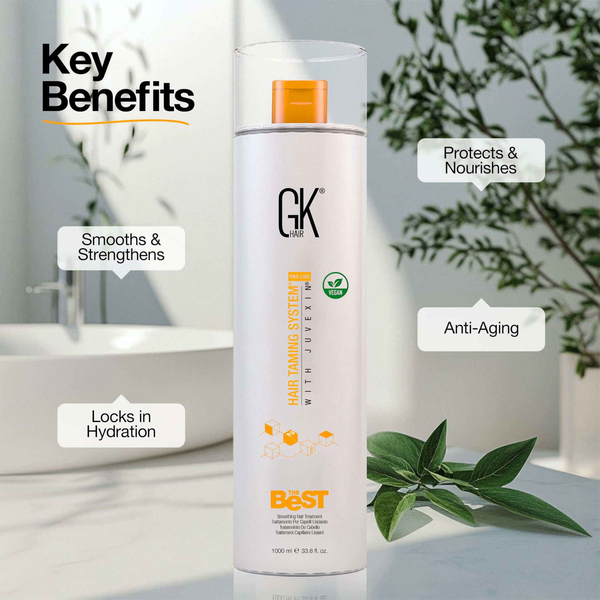 GK HAIR Global Keratin The Best (33.8 Fl Oz/1000ml) Smoothing Keratin Hair Treatment - Professional Brazilian Complex Blowout Straightening For Silky Smooth & Frizz Free Hair - Medaid International