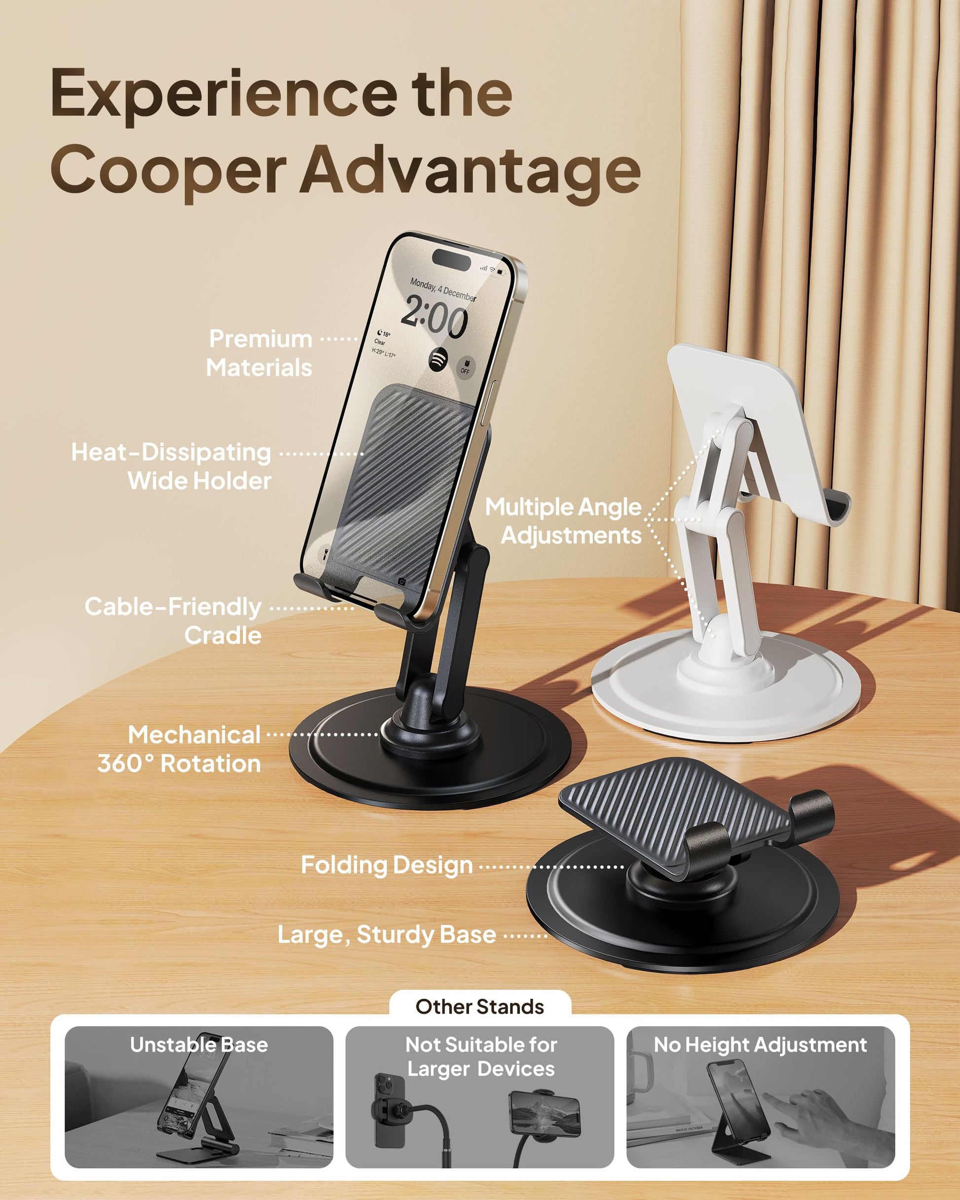 COOPER 360° Stand, Rotating Cell Phone Stand for Desk | Sturdy Metal Base, Foldable, Portable | Cell Phone Holder for Desk (Piano Black) - Medaid International