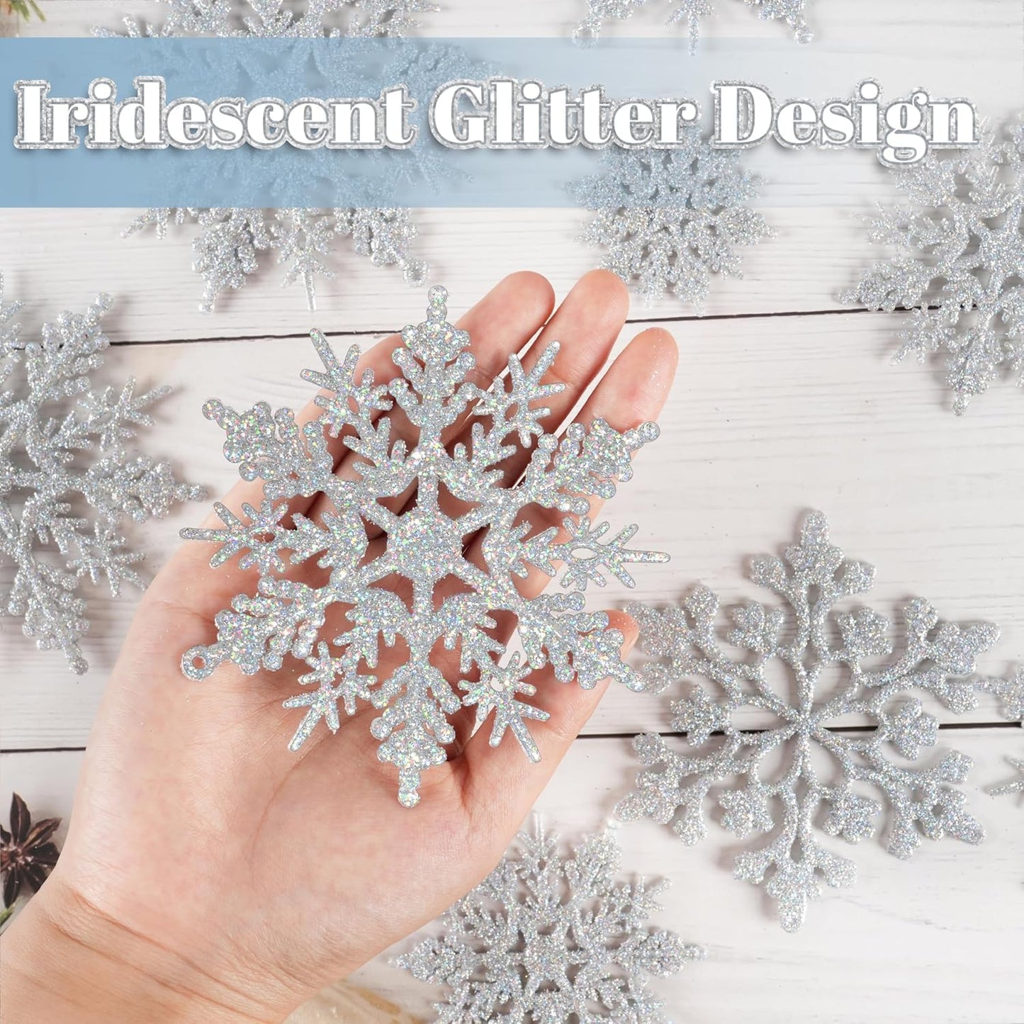18Pcs Iridescent Silver Christmas Snowflake Hanging Ornaments, Plastic Sparkling Glitter Hanging Snow Flakes for Christmas Tree Decorations Winter Wonderland Frozen Birthday Party Holiday Home Decor - Medaid International