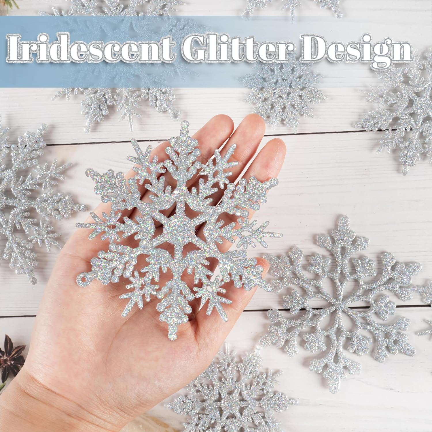 18Pcs Iridescent Silver Christmas Snowflake Hanging Ornaments, Plastic Sparkling Glitter Hanging Snow Flakes for Christmas Tree Decorations Winter Wonderland Frozen Birthday Party Holiday Home Decor - Medaid International