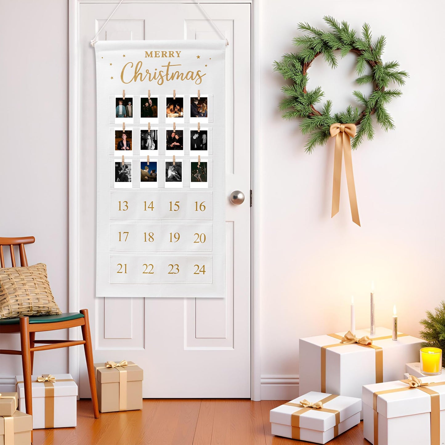 Christmas Picture Countdown Board Photo Advent Calendar with Pockets Reusable Photo-Display Collage Board for Festival Memory Countdown - Medaid International