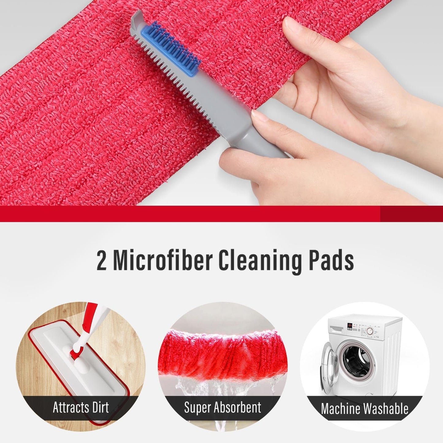 Spray Mops for Floor Cleaning Floor Mop with a Refillable Spray Bottle and 2 Washable Microfiber Pads Home or Commercial Use Dry Wet Flat Mop for Hardwood Laminate Wood (Red) - Medaid International