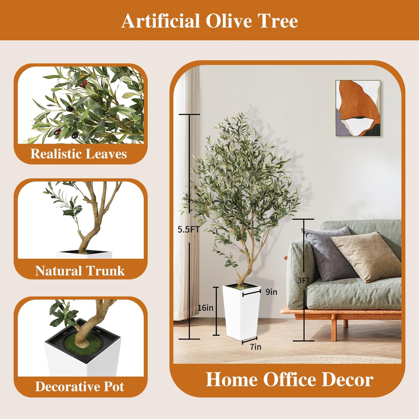 PHYTREE 5.5FT Olive Tree Artificial Indoor - Faux Olive Tree with White Tall Planter, Large Fake Potted Olive Plants with Natural Wood Trunk, Artificial Trees for Home Office Decor Indoor - Medaid International