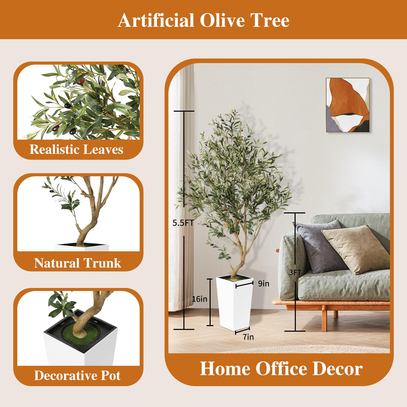 PHYTREE 5.5FT Olive Tree Artificial Indoor - Faux Olive Tree with White Tall Planter, Large Fake Potted Olive Plants with Natural Wood Trunk, Artificial Trees for Home Office Decor Indoor - Medaid International