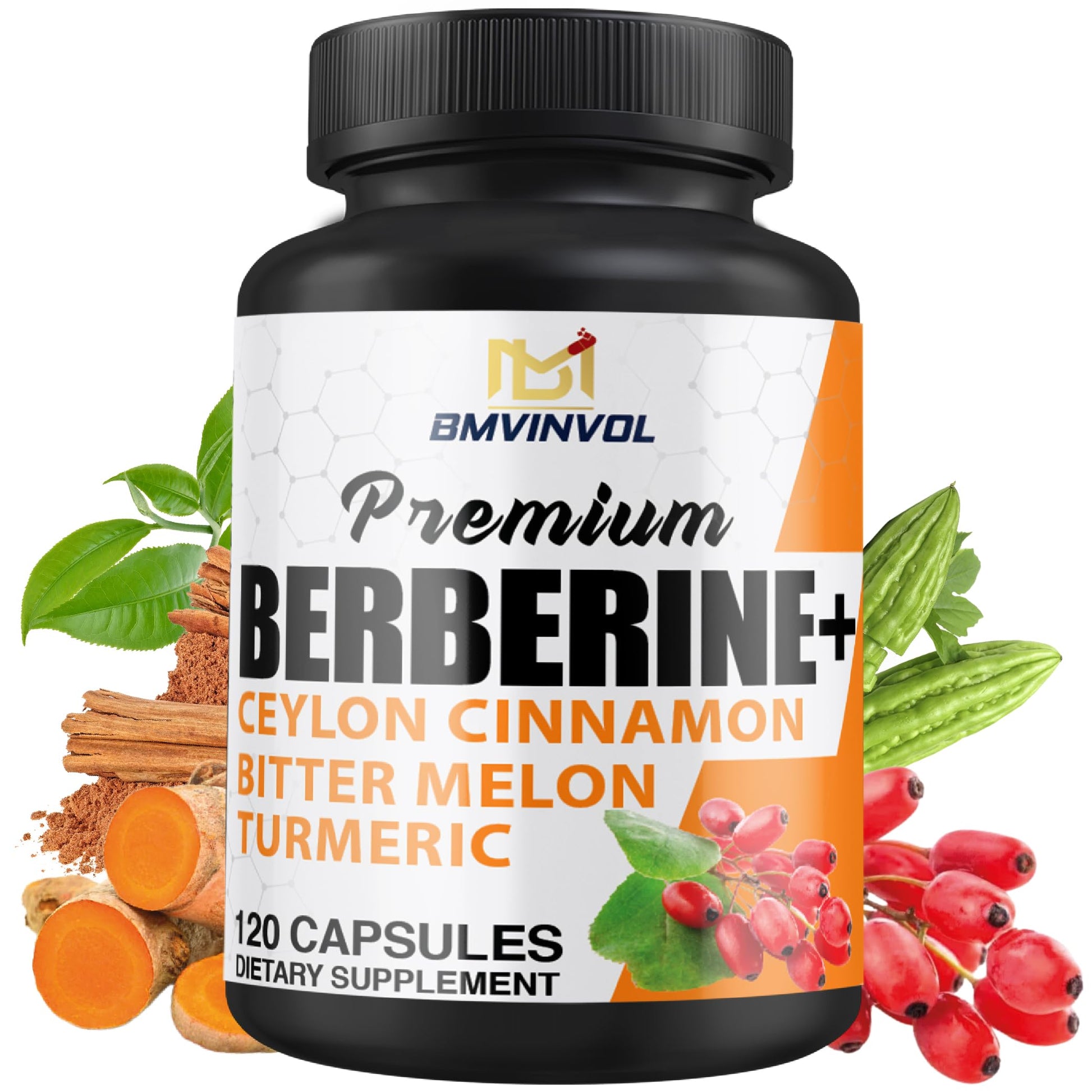 Berberine HCl Supplement, Ceylon Cinnamon and Turmeric Capsules, Green Tea and Bitter Melon Capsules - 120 Capsules for 2 Month Supply - Medaid International