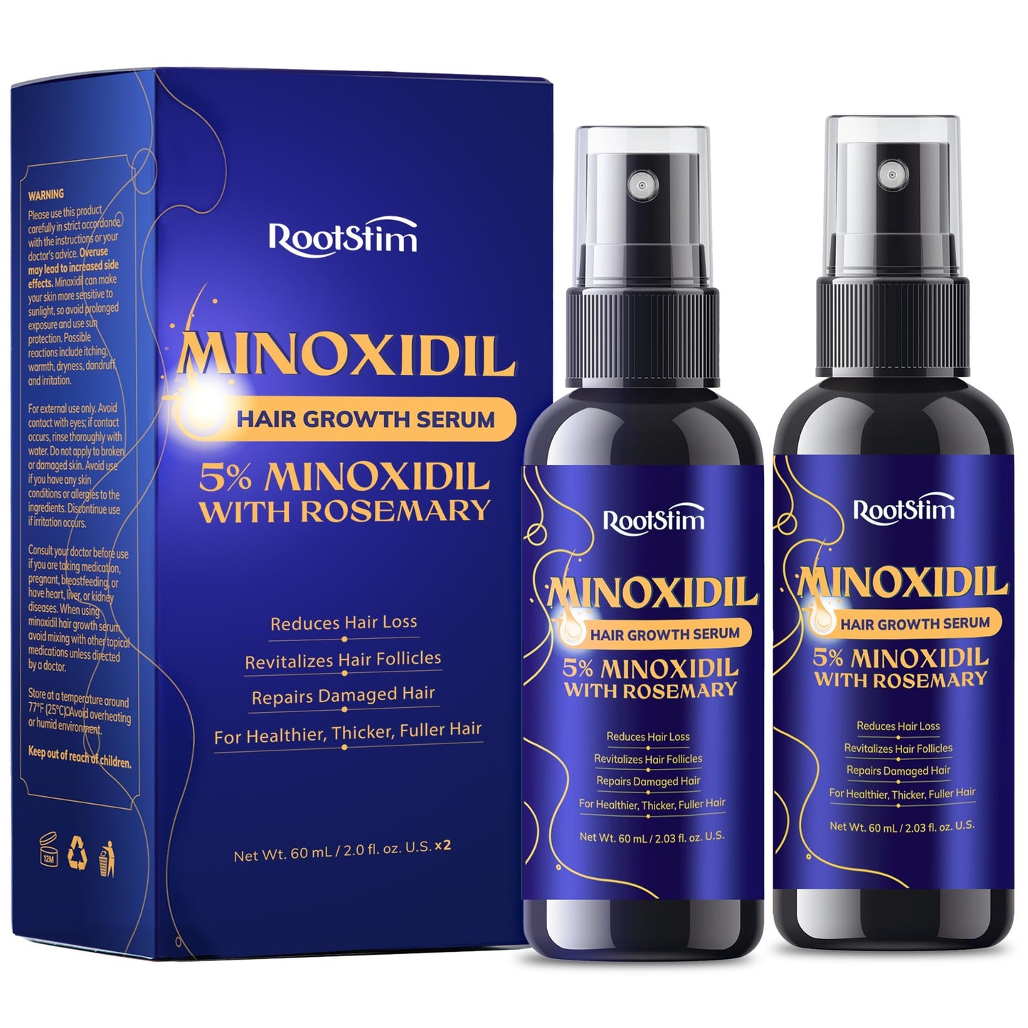 5% Minoxidil Hair Growth for Men and Women: 2-Pack Extra Strength Minoxidil Hair Loss Treatment Serum with Rosemary for Faster Stronger Thicker Hair Growth - 60ML Each - Medaid International