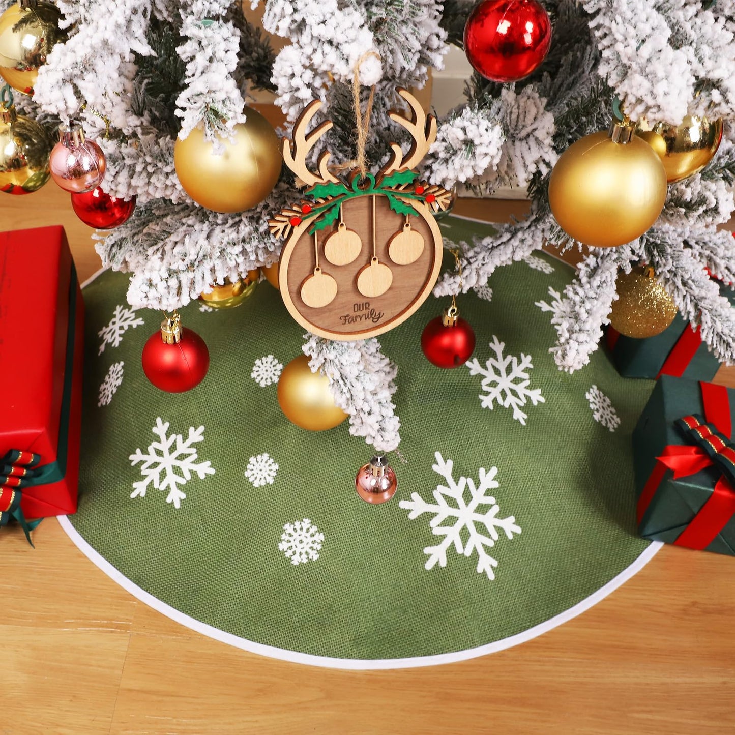 MACTING Christmas Small Tree Skirt, 30 Inch Green Burlap Tree Mat with White Snowflake Printed for 5FT Xmas Tree Farmhouse Holiday Party Indoor Home Decorations - Medaid International