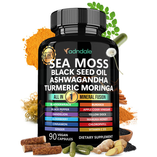 Adndale Sea Moss Black Seed Oil Ashwagandha Ginger Capsules. SeaMoss Capsules with Black Seed Oil, Ashwagandha, Turmeric, Moringa, Bladderwrack, Burdock Root, Manuka Honey, Cinnamon - Medaid International
