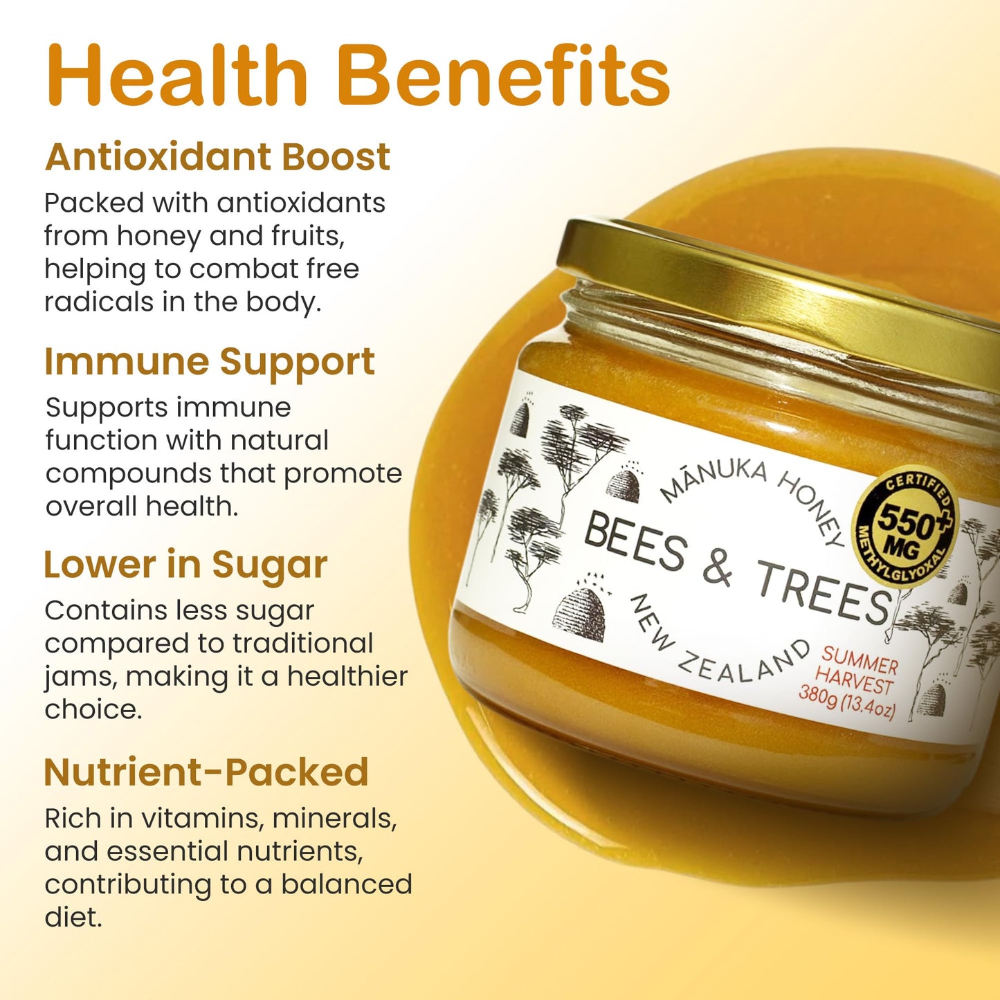 Bees & Trees Manuka Honey 550+ MGO – Pure New Zealand Raw Monofloral Honey – Unpasteurized & Natural – 380g (13.4oz) Glass Jar – Perfect for Coffee, Tea & Daily Wellness - Medaid International