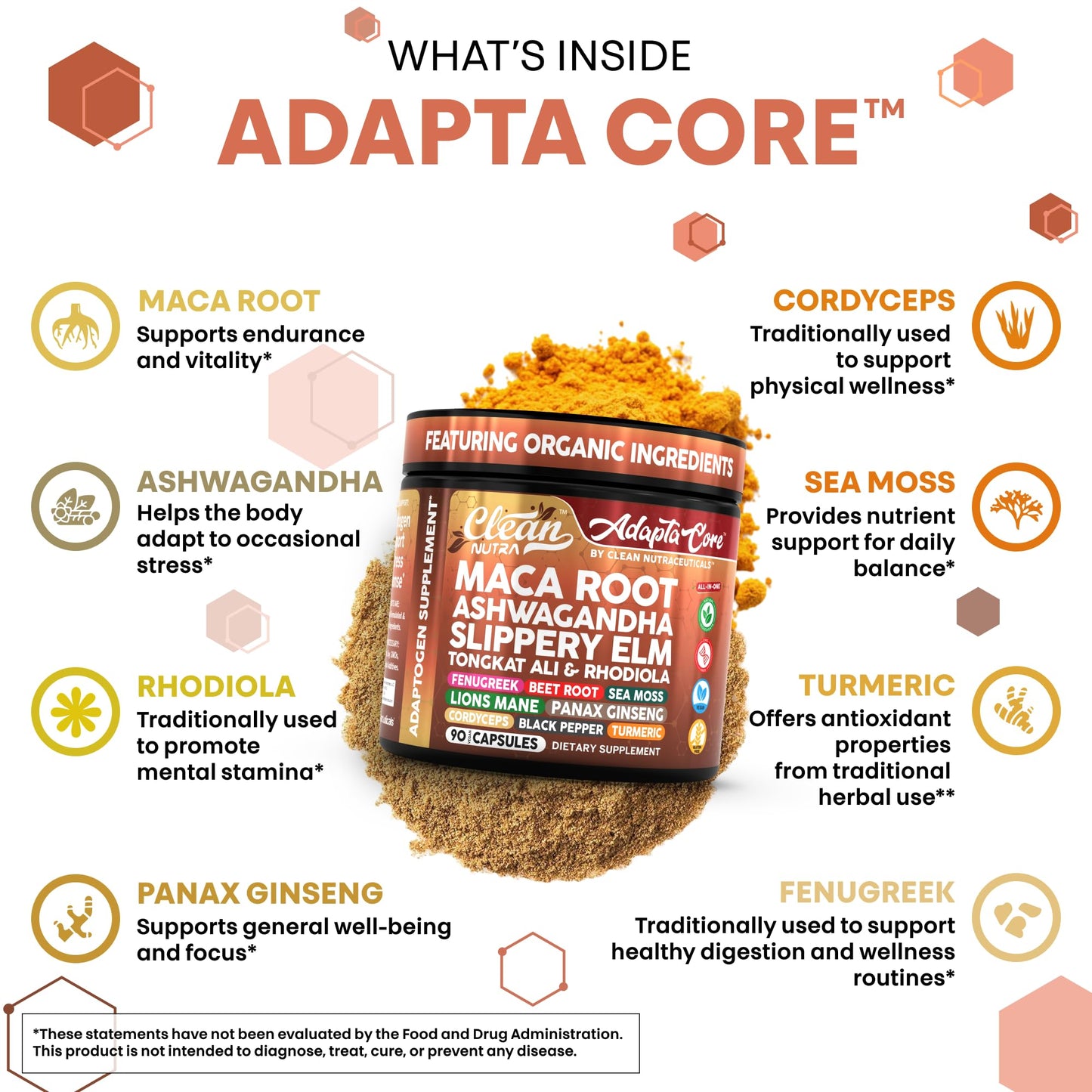 Adapta Core Adaptogens Supplements | Maca Root Ashwagandha Slippery Elm Tongkat Ali Rhodiola Rosea Fenugreek Beetroot Sea Moss Ginseng Pepper Mushrooms Horny Goat Weed 90 Capsules by Clean Nutra - Medaid International