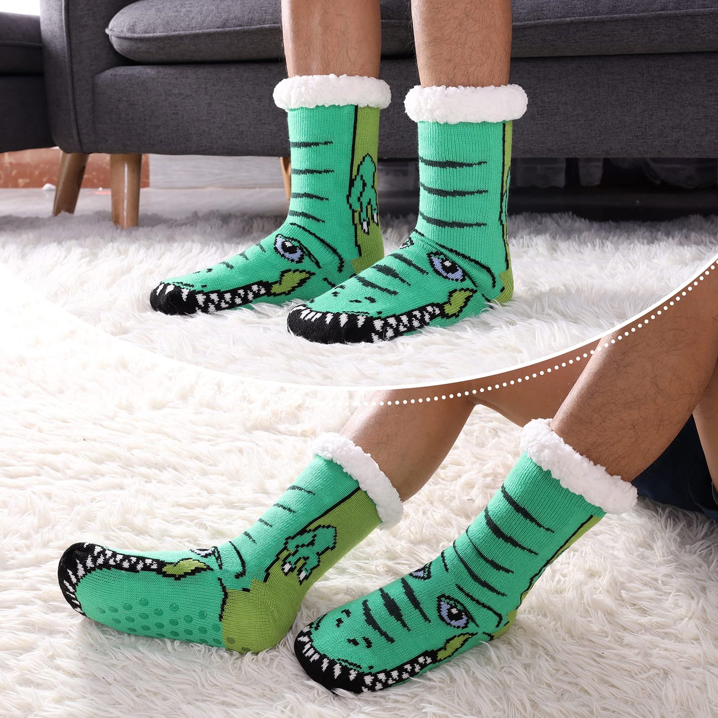LINEMIN Mens Warm Slipper Socks Soft Cozy Fuzzy Fleece-Lined Winter Non Slip Indoor Christmas Socks (Dinosaur Green) - Medaid International