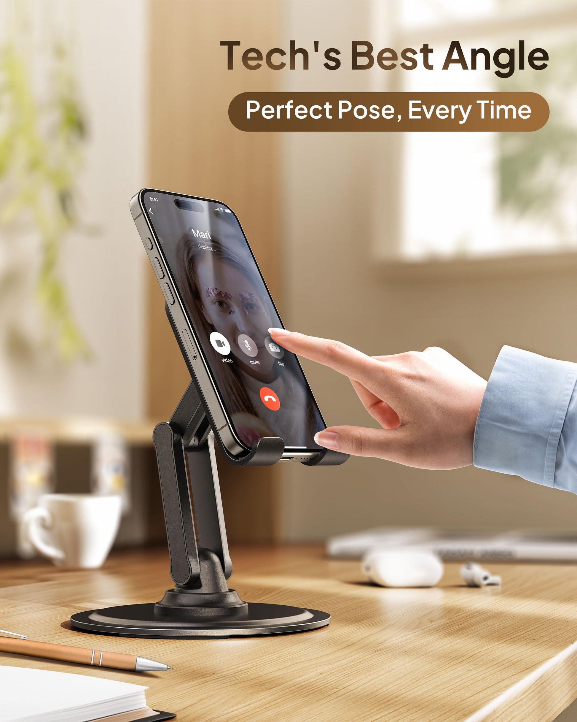 COOPER 360° Stand, Rotating Cell Phone Stand for Desk | Sturdy Metal Base, Foldable, Portable | Cell Phone Holder for Desk (Piano Black) - Medaid International