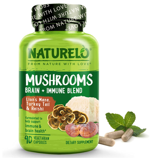 NATURELO Mushroom Supplement – Brain & Immune Health Blend with Lion’s Mane, Reishi, Turkey Tail – 90 Vegan Friendly Capsules - Medaid International