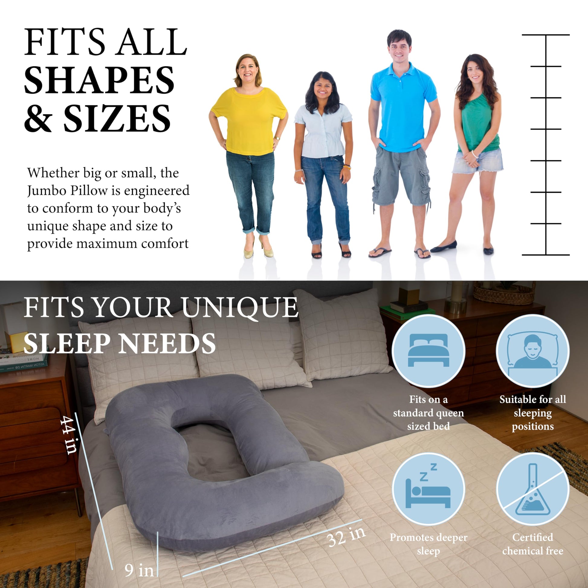 Pharmedoc Pregnancy Pillows, U-Shape Full Body Pillow -Removable Cover Jumbo Size - Gray - Pregnancy Pillows for Sleeping - Body Pillows for Adults, Maternity Pillow and Pregnancy Must Haves - Medaid International