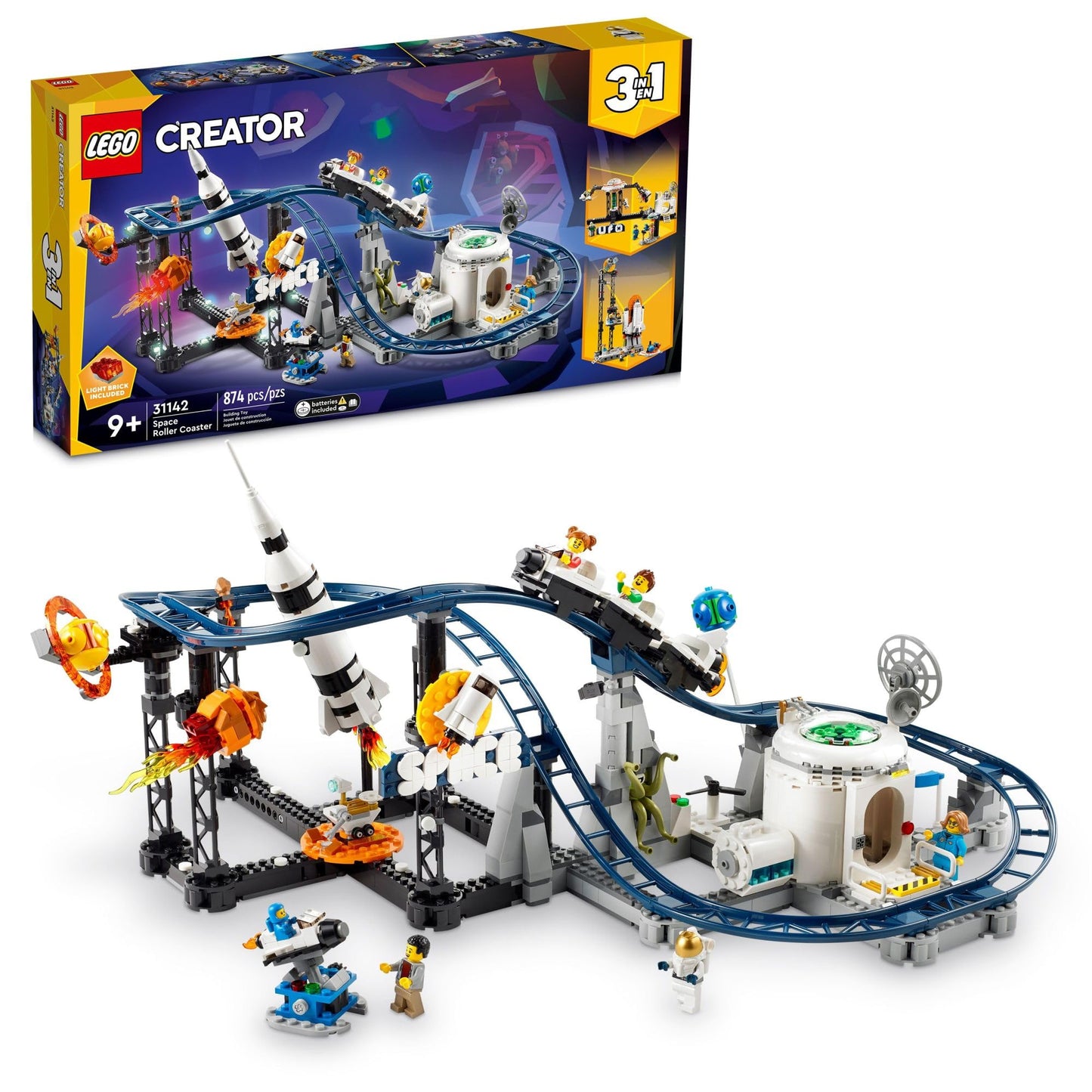 Lego Creator 3 in 1 Space Roller Coaster Building Toy Set Featuring a Roller Coaster, Drop Tower, Carousel and 5 Minifigures, Rebuildable Amusement Park for Kids Ages 9+, 31142 - Medaid International