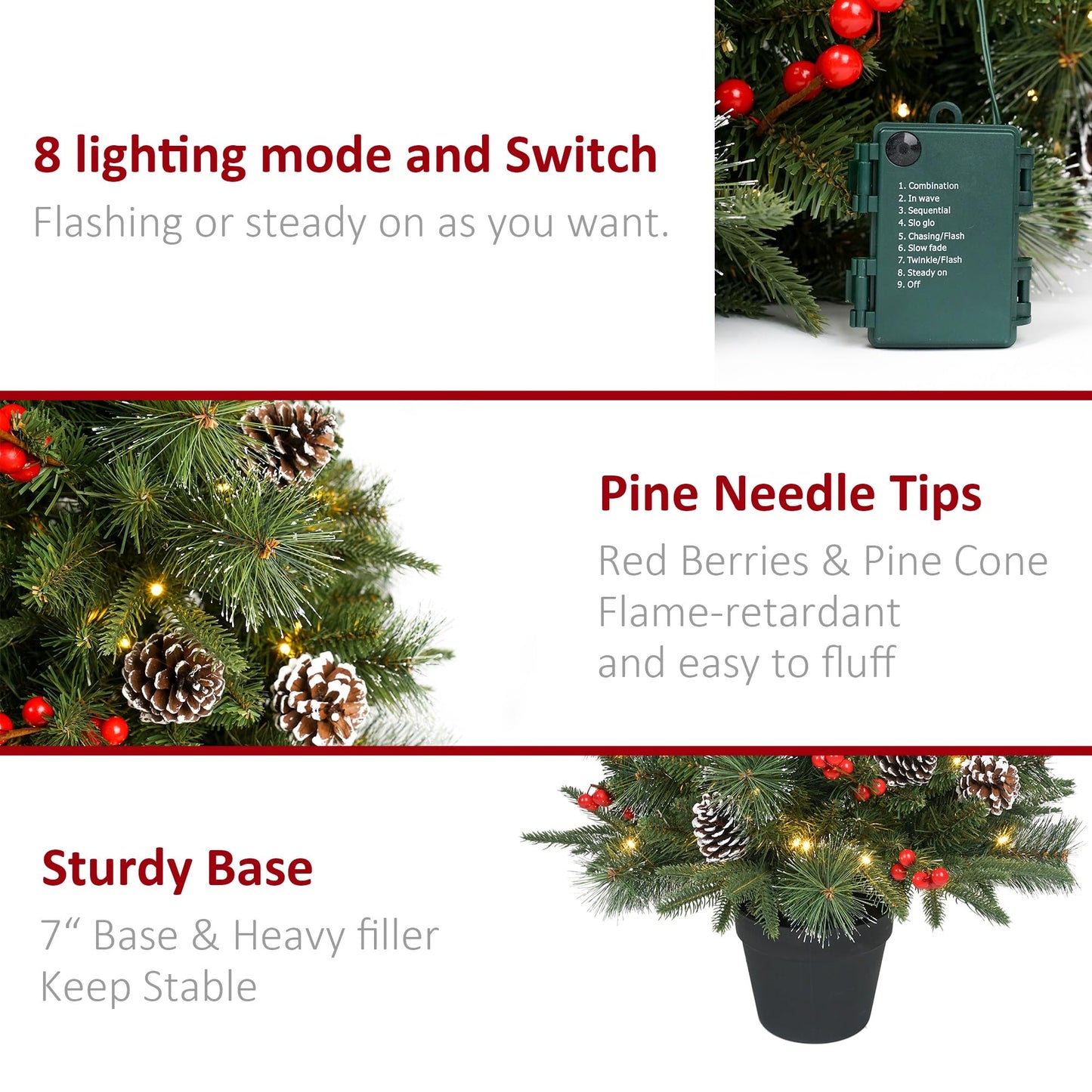 3Ft Pre-Lit Artificial Christmas Tree Tabletop with Battery Operated 70 Warm LED Red Berries Pine Cone Pine Needle, Greenery Potted Christmas Tree for Indoor, Porch, Outdoor - Medaid International