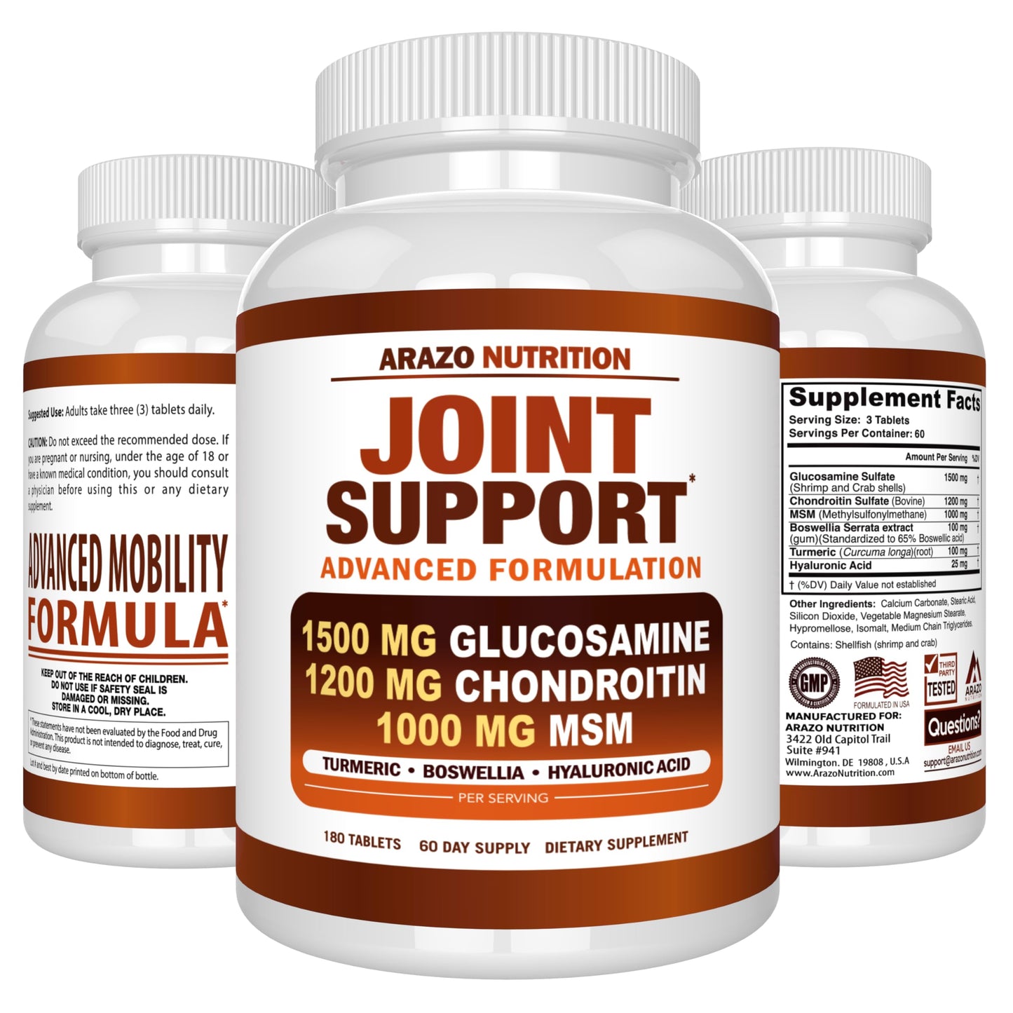 Arazo Nutrition Glucosamine Chondroitin Turmeric Msm Boswellia - Joint Support Supplement for Relief 180 Tablets for Bones, Back, Knees, Hands (180 Tablets) - Medaid International