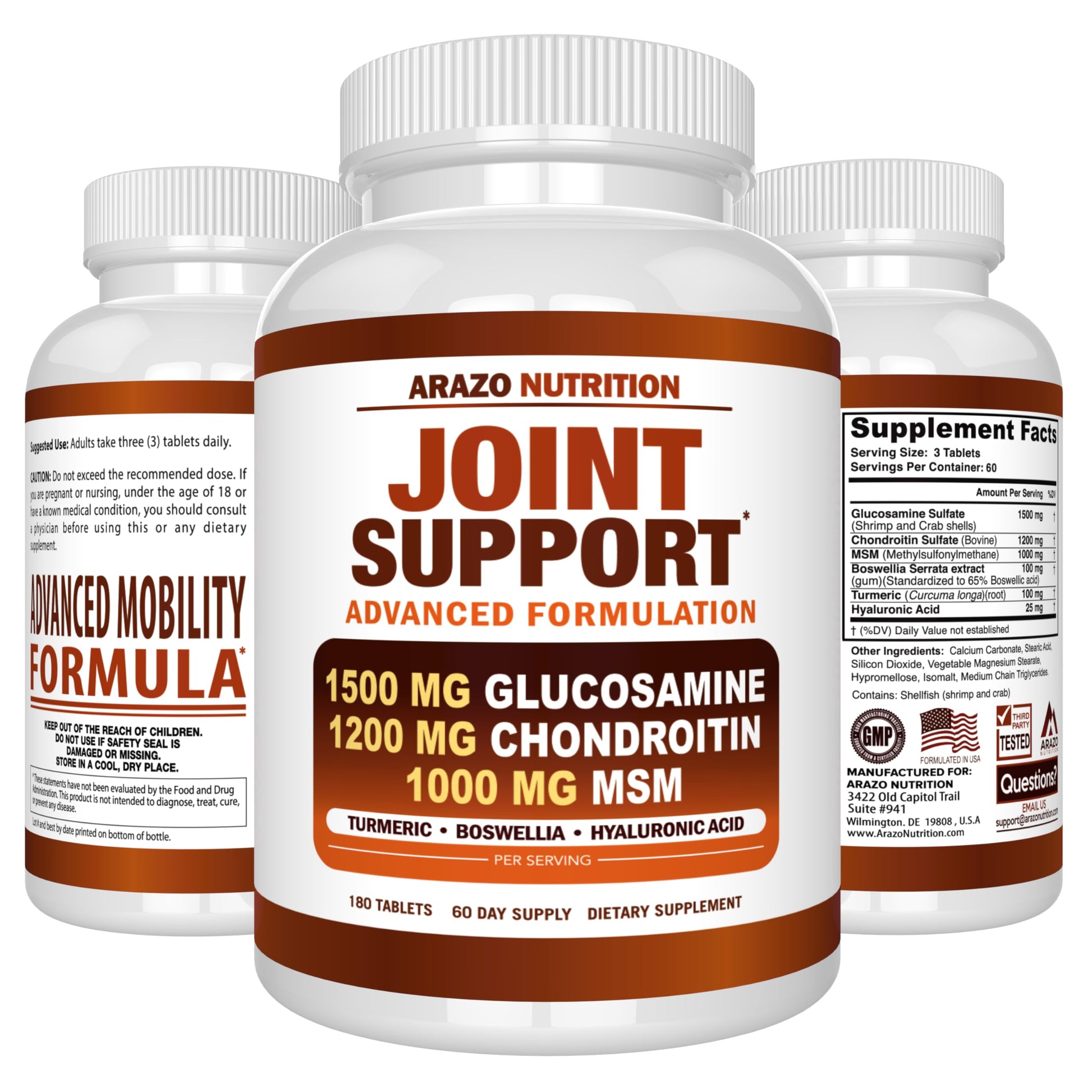 Arazo Nutrition Glucosamine Chondroitin Turmeric Msm Boswellia - Joint Support Supplement for Relief 180 Tablets for Bones, Back, Knees, Hands (180 Tablets) - Medaid International