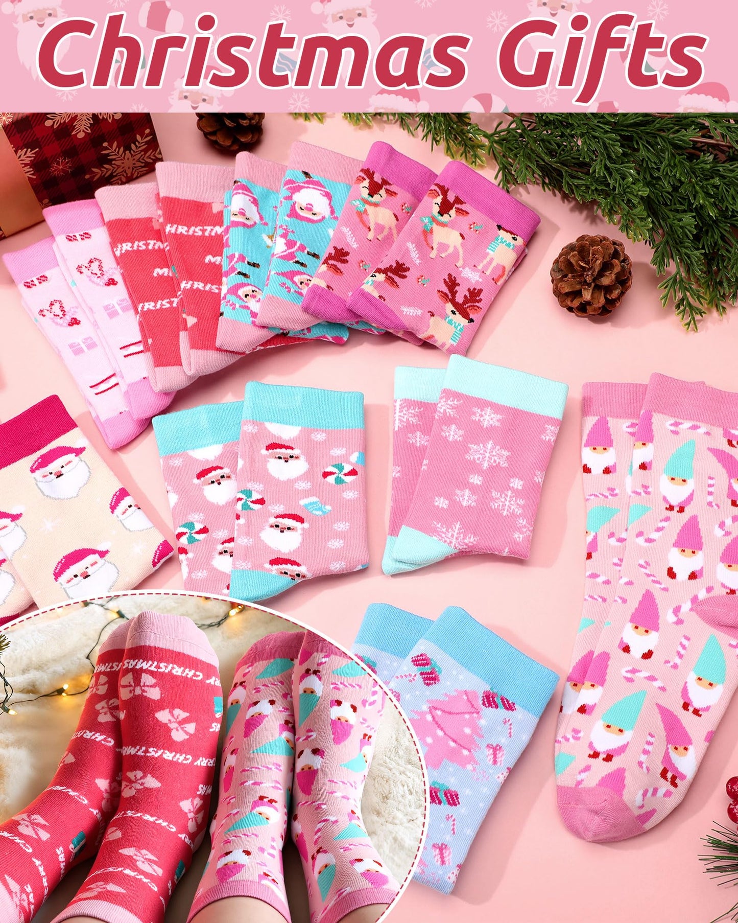 Croloose 10 Pairs Pink Christmas Socks for Women Bulk Fun Xmas Crew Socks Holiday Gift for Stocking Stuffer Party Favors (Multicolor Style) - Medaid International