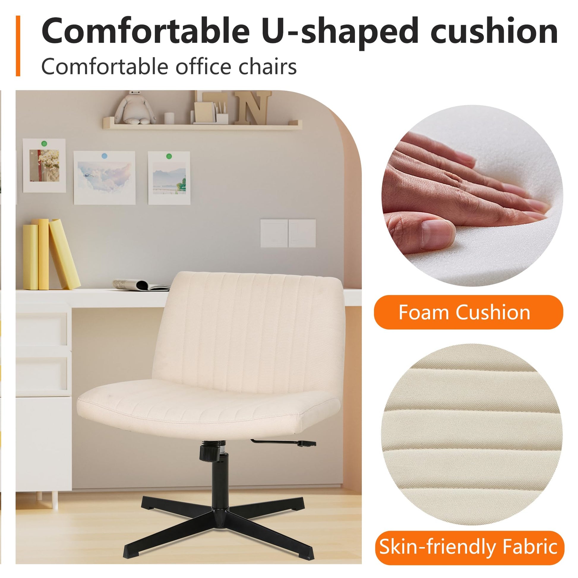 FDW Criss Cross Chair Armless Cross Legged Office Desk Chair Adjustable Swivel Ergonomic Desk Chair No Wheels U Shaped Backrest with Wide Seat Native Sponge Computer Task Vanity Chair for Home Office - Medaid International