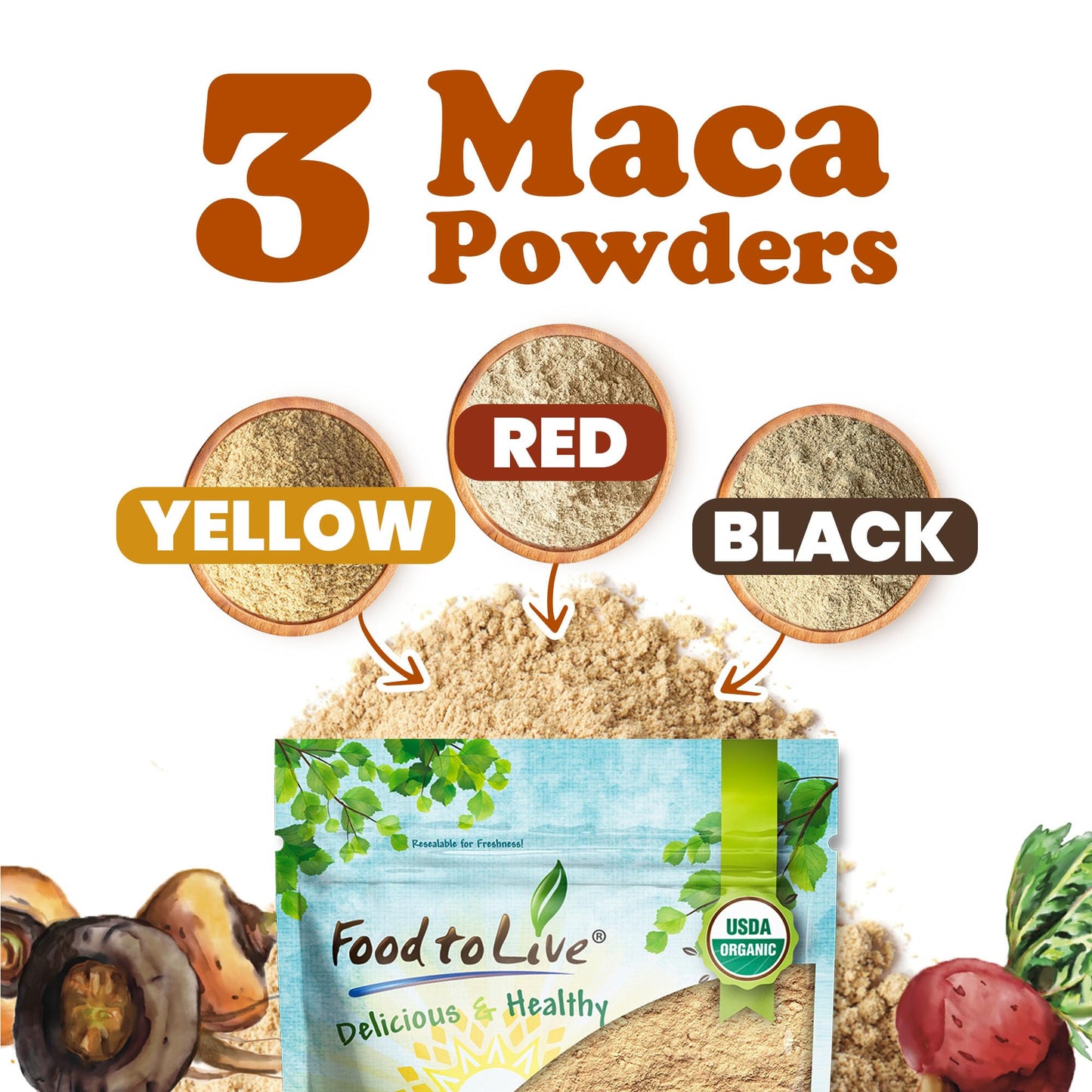 Food to Live Organic Tri-Color Maca Powder Blend, 1 Pound Red, Yellow and Black Maca for Energy, 100% Natural Superfood, Perfect for Baking and Smoothies, Non-GMO, Vegan, Kosher, Bulk - Medaid International