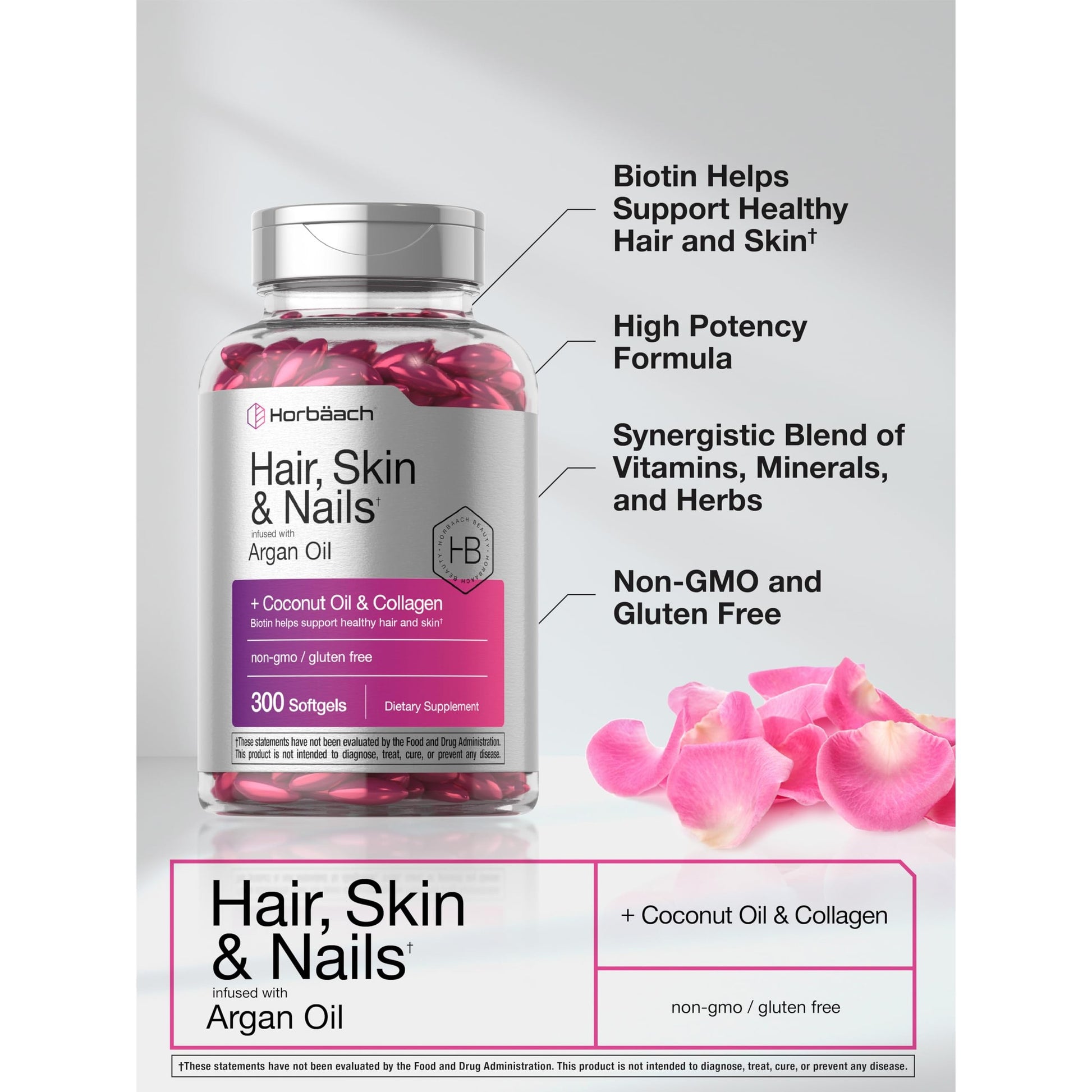Horbäach Hair Skin and Nails Vitamins | 300 Softgels | with Biotin and Collagen | Infused with Argan Oil and Coconut Oil | Non-GMO, Gluten Free Supplement - Medaid International