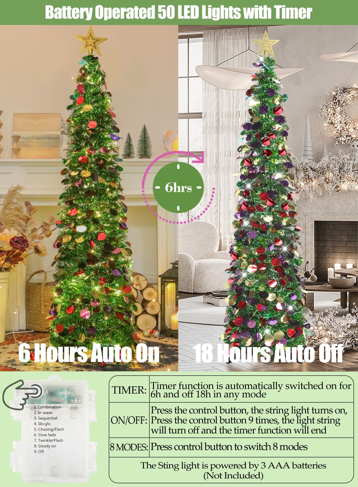 HMASYO 5 FT Pop Up Christmas Tree with Timer Lights, Green Christmas Tinsel Tree, Collapsible Artificial Pencil Christmas Tree for Indoor Home Apartment Porch Holiday Party Decorations - Medaid International