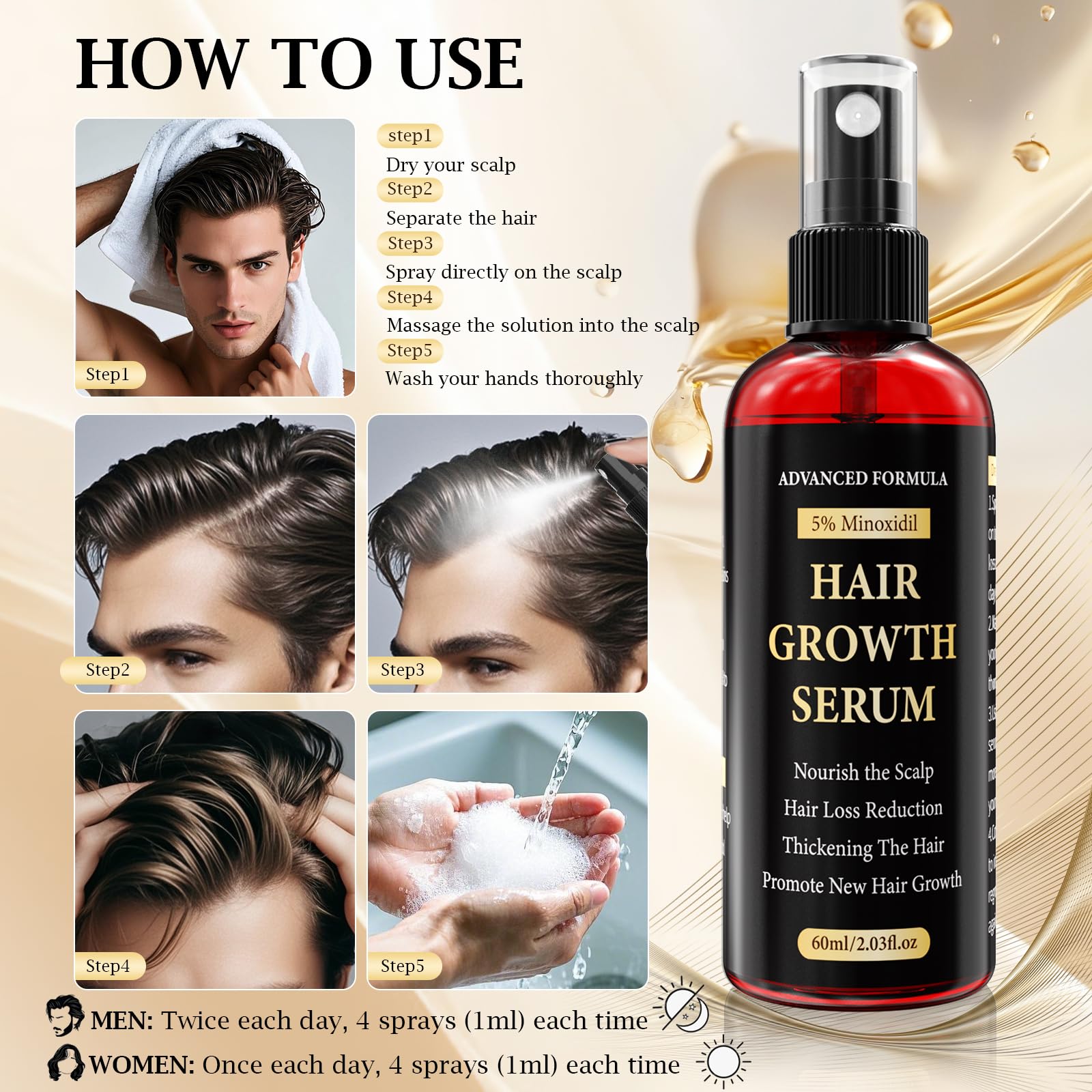 5% Minoxidil for Men/Women Hair Growth Serum Spray,Thinning Hair Loss/Regrowth Treatment for Women/Men,Minoxidil for Men’s Beard,Contain Rosemary Oil,Batana Oil for Hair Growth,Gentler,Refreshing 60ml - Medaid International