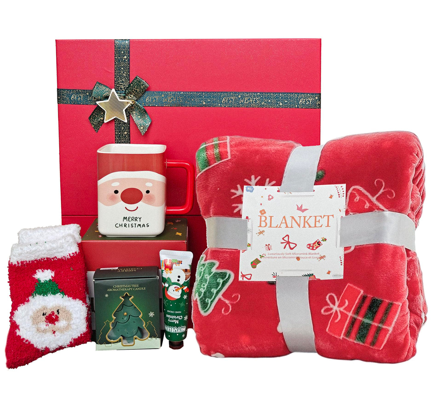 ECLAVIOS 2025 Christmas Gift Set for Women, Holiday Gift Box with Cozy Blanket, Hand Cream, Santa Mug, Scented Candle & Fuzzy Socks, Christmas Gift Basket for Mom, Sister, Best Friend or Coworker - Medaid International