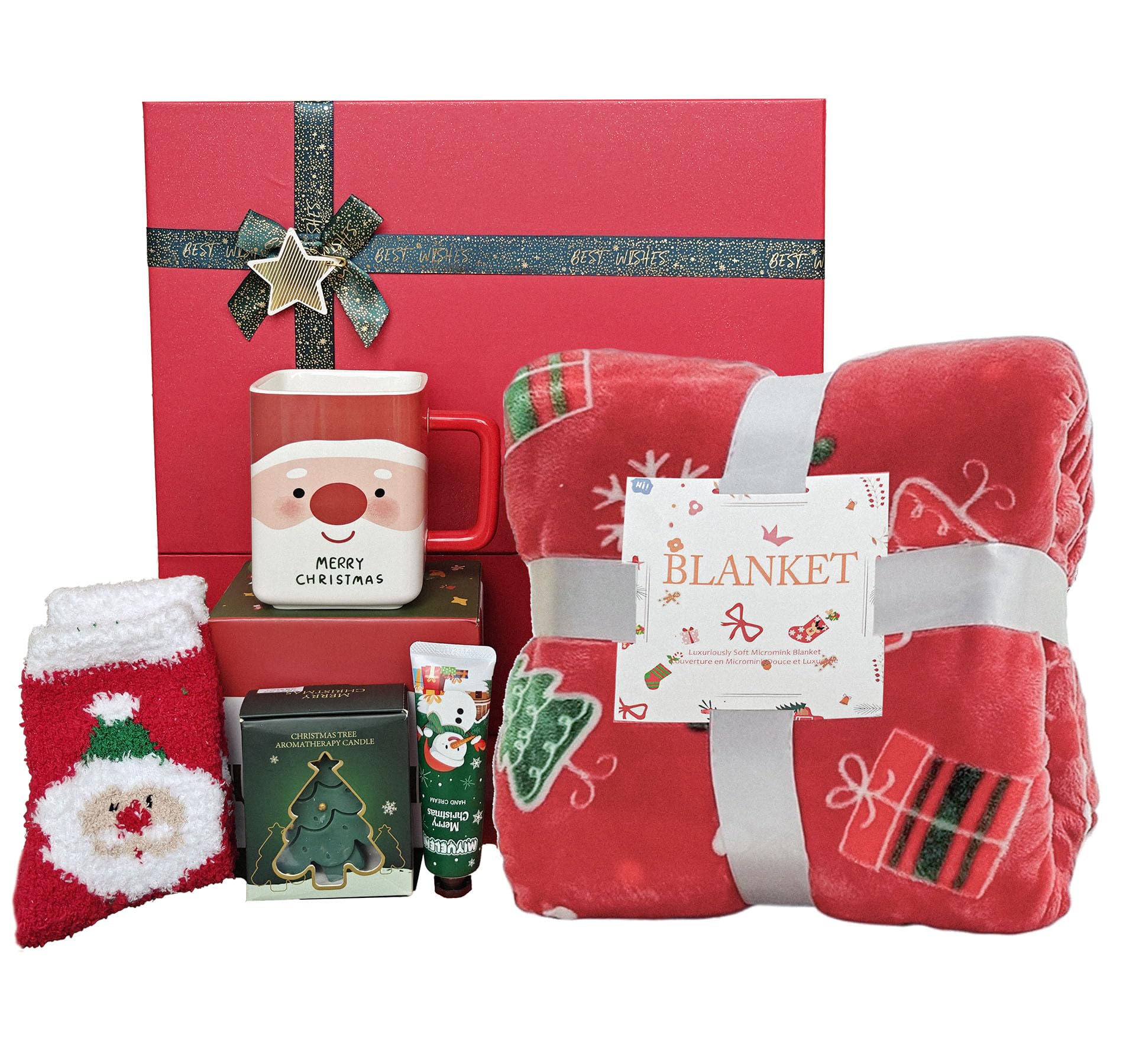 ECLAVIOS 2025 Christmas Gift Set for Women, Holiday Gift Box with Cozy Blanket, Hand Cream, Santa Mug, Scented Candle & Fuzzy Socks, Christmas Gift Basket for Mom, Sister, Best Friend or Coworker - Medaid International